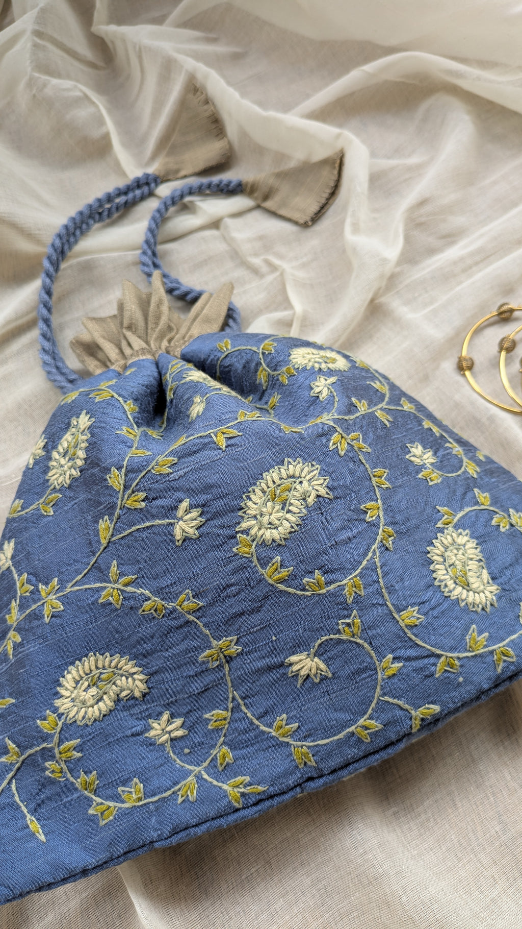 Kashmiri Embroidered Potli on Silk Cotton - Steel Grey