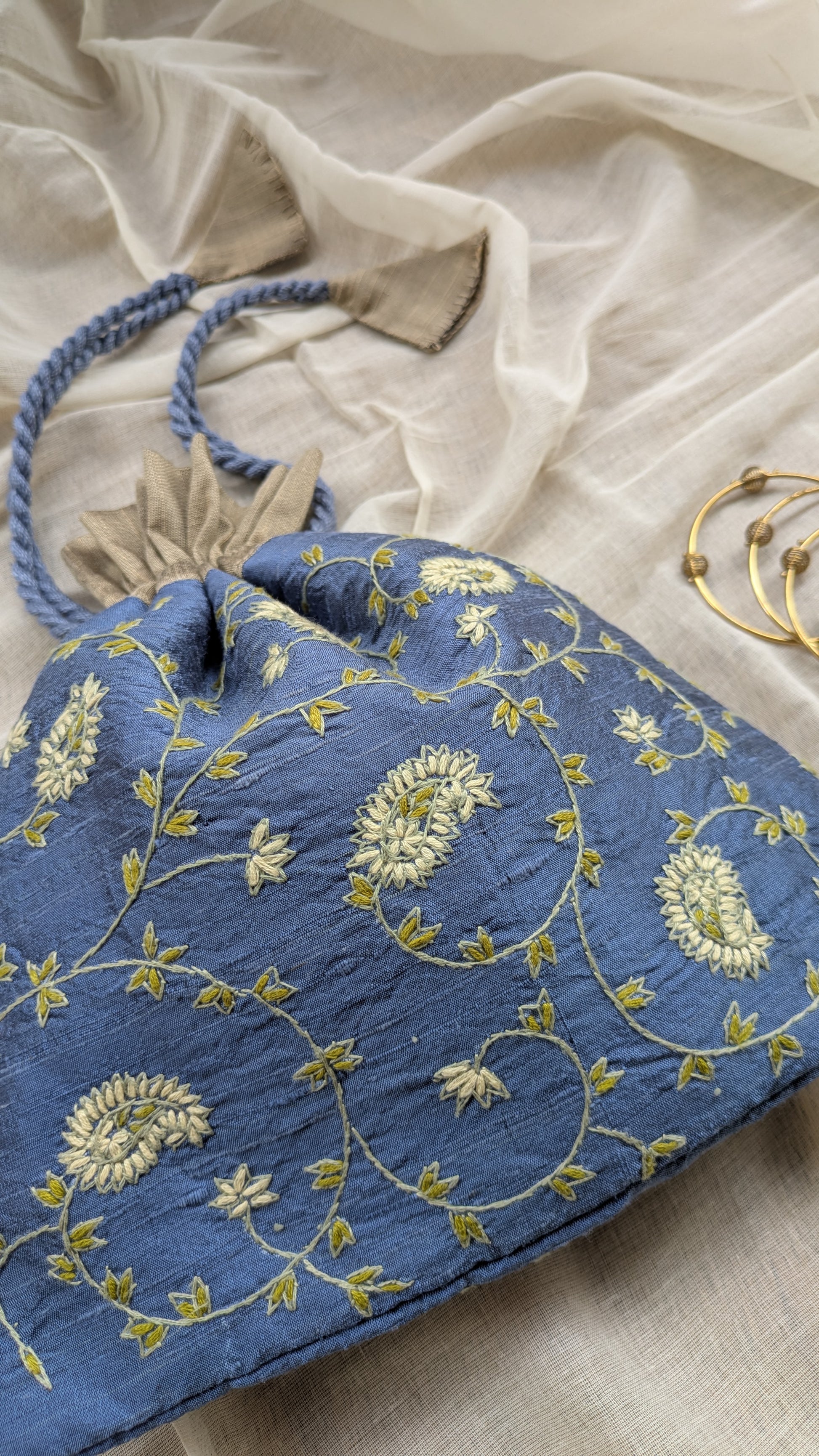 Kashmiri Embroidered Potli on Silk Cotton - Steel Grey