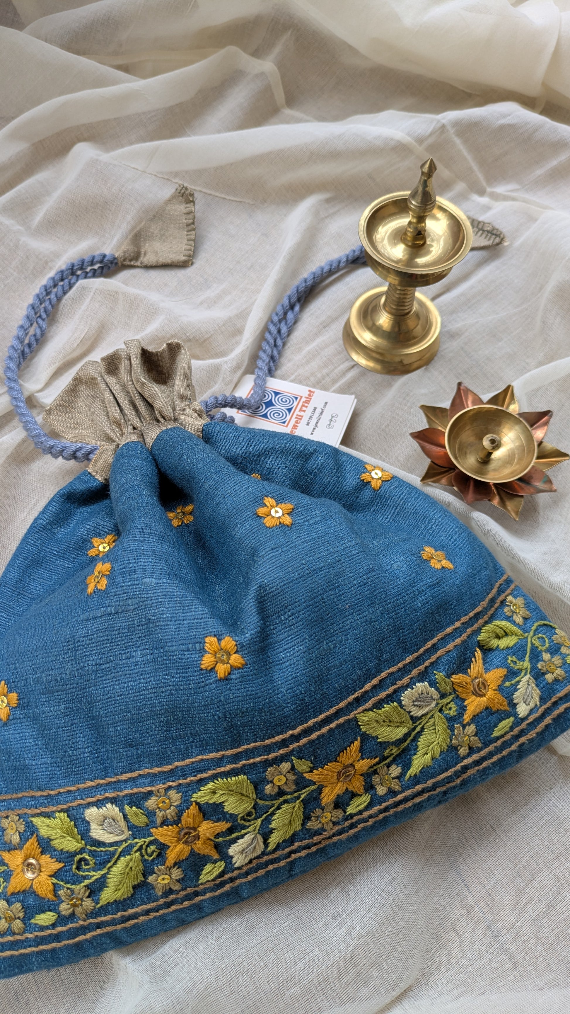 Snigdha - Teal Blue Silk Cotton Potli with Hand Embroidery