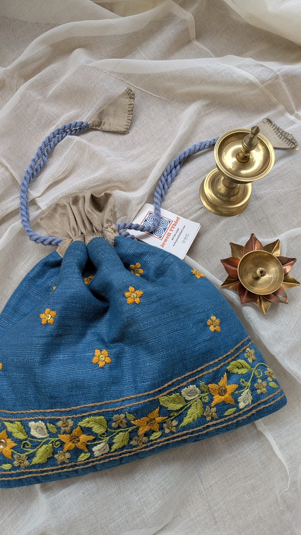 Snigdha - Teal Blue Silk Cotton Potli with Hand Embroidery