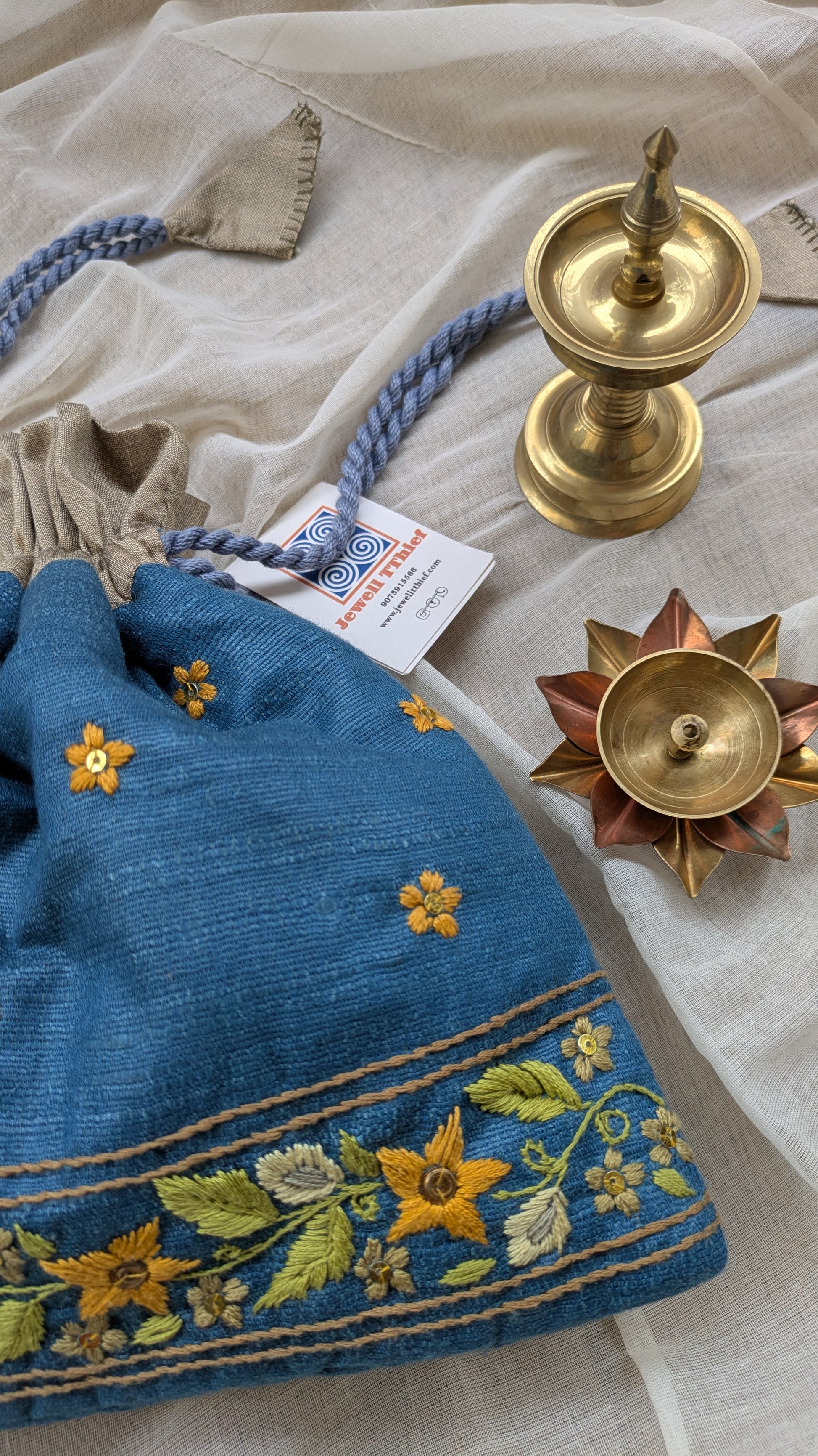 Snigdha - Teal Blue Silk Cotton Potli with Hand Embroidery