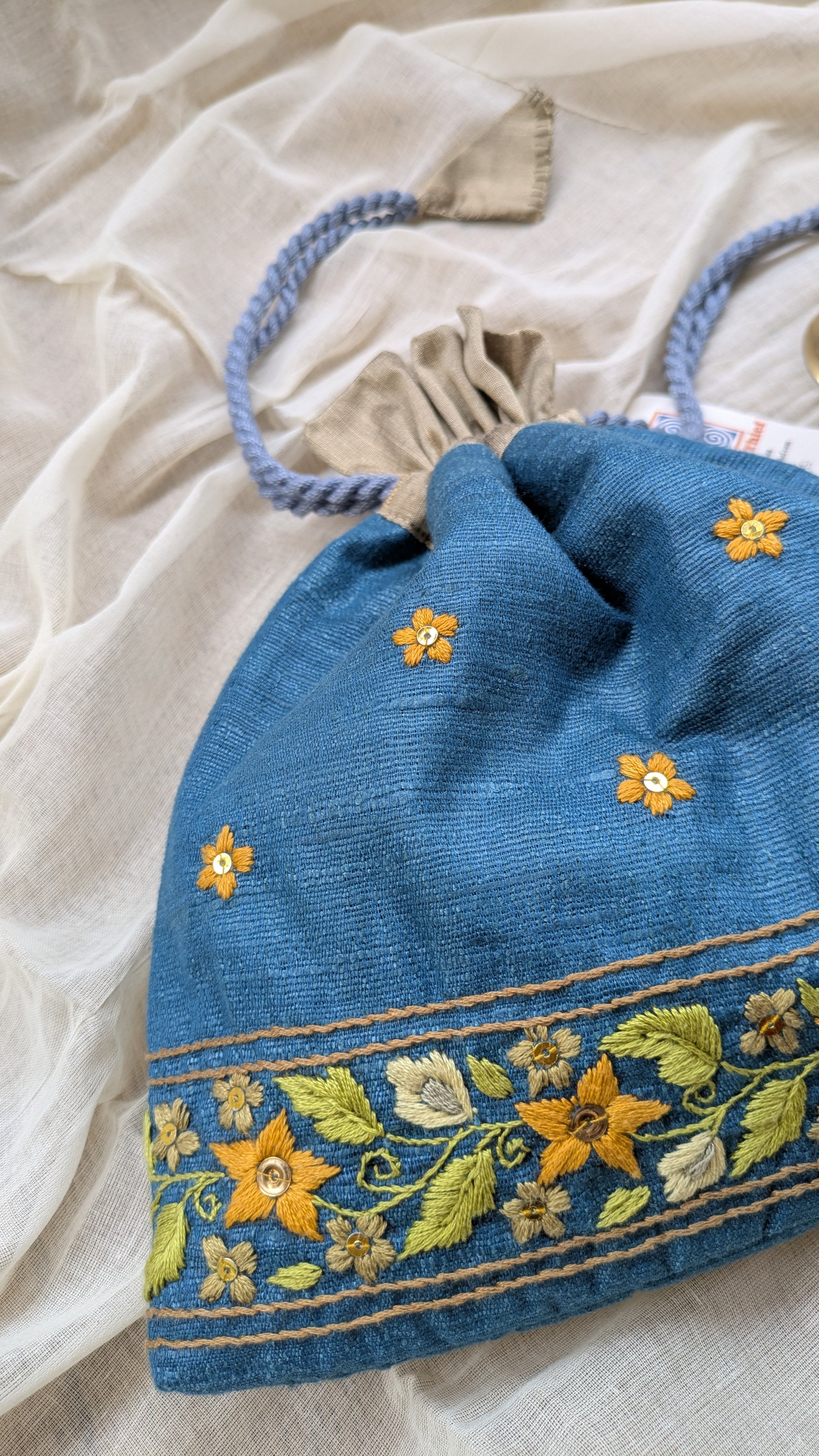 Snigdha - Teal Blue Silk Cotton Potli with Hand Embroidery
