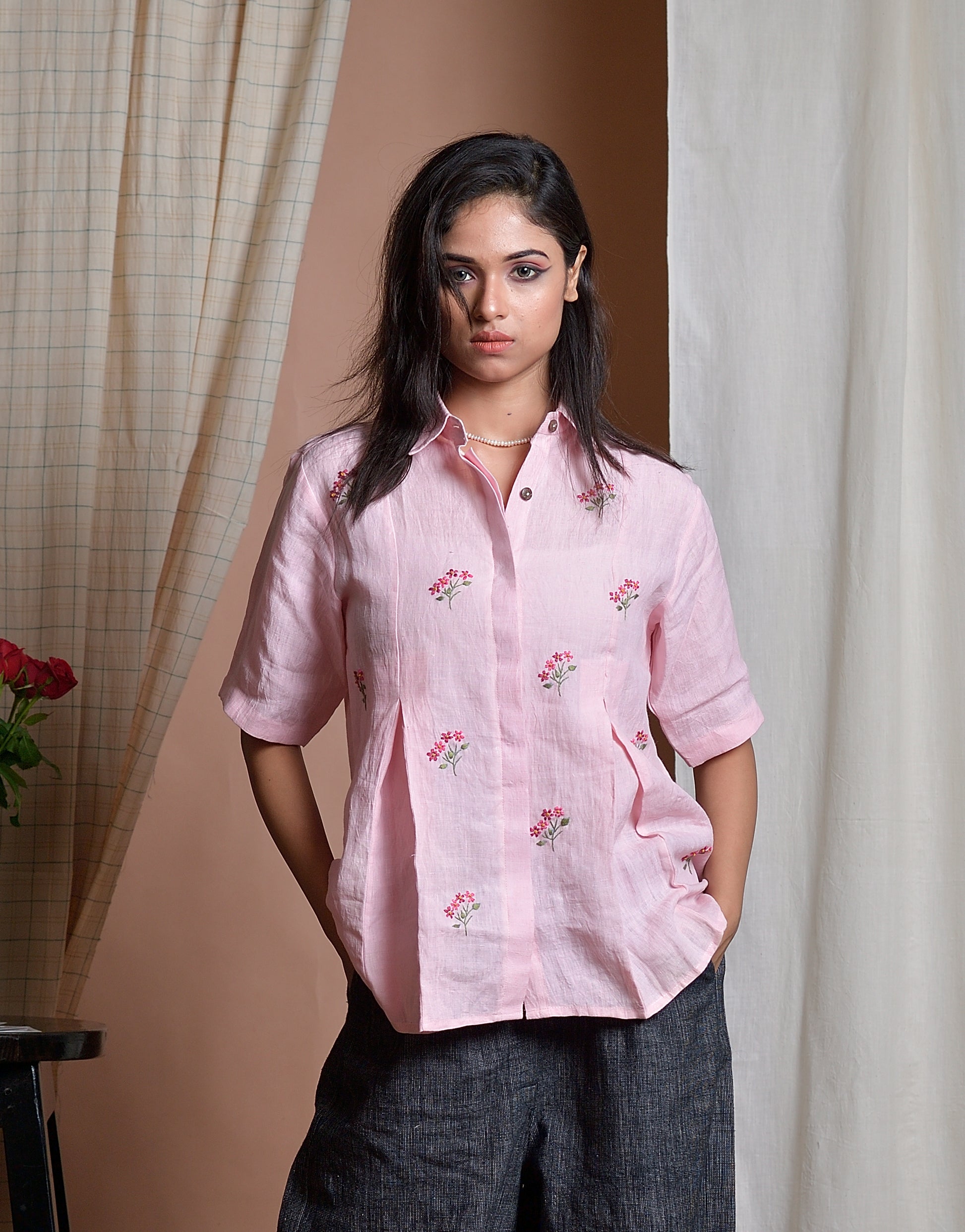 Enchanted Flora - Hand embroidered linen shirt image 0
