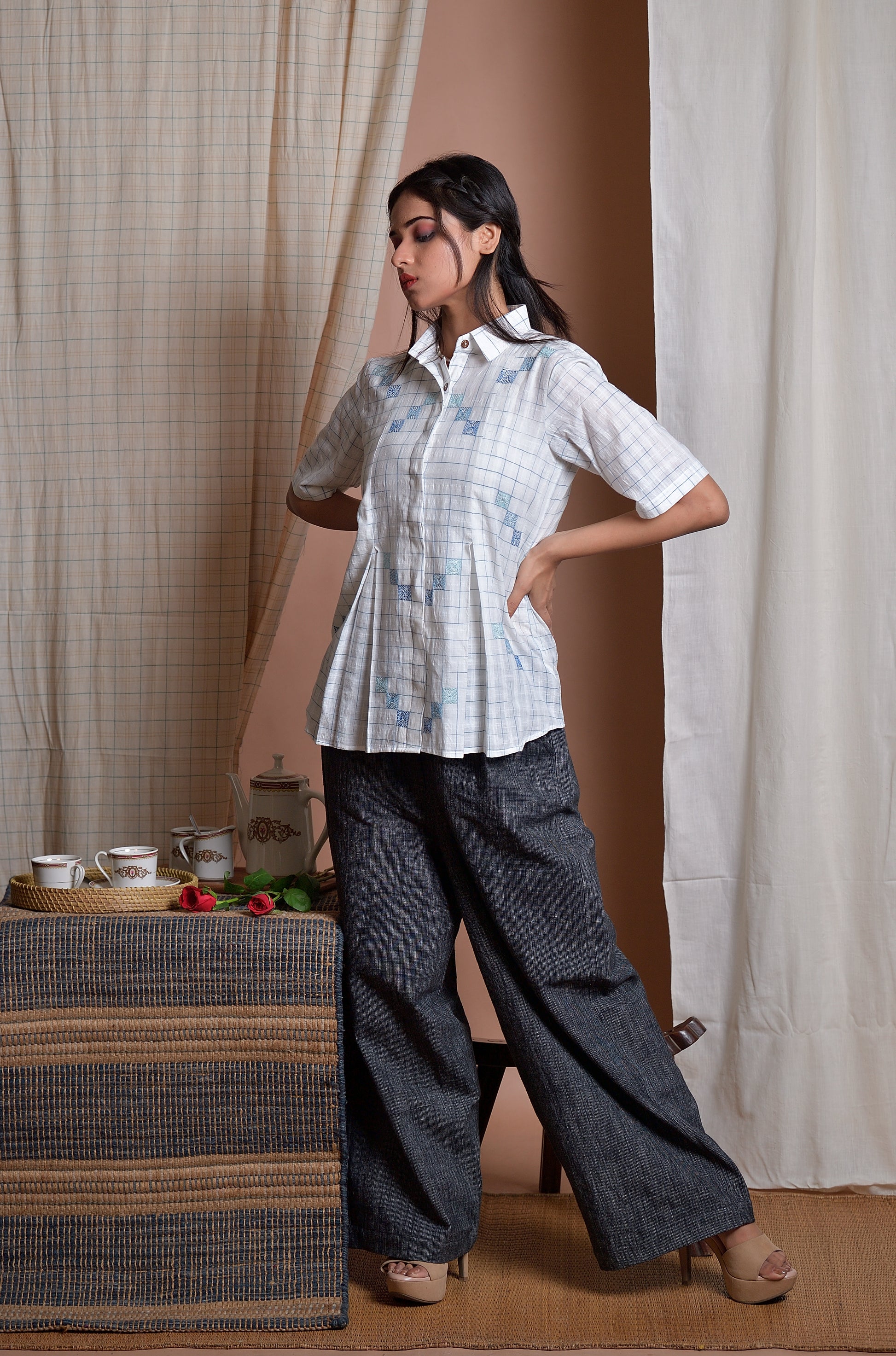 Checks of Time - Khadi shirt with Kantha embroidery image 2