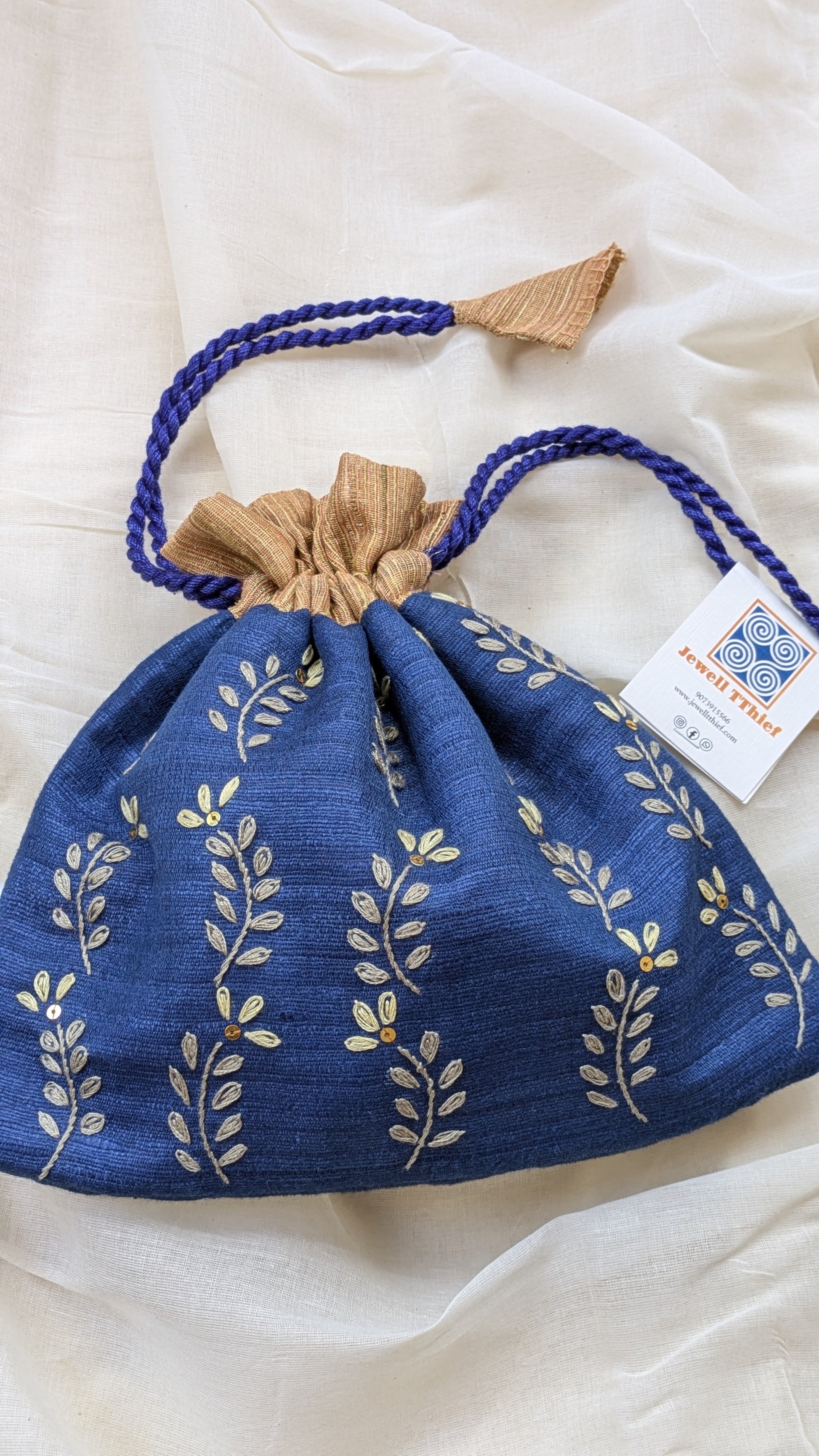 Fern fun (navy blue) - raw silk potli image 2