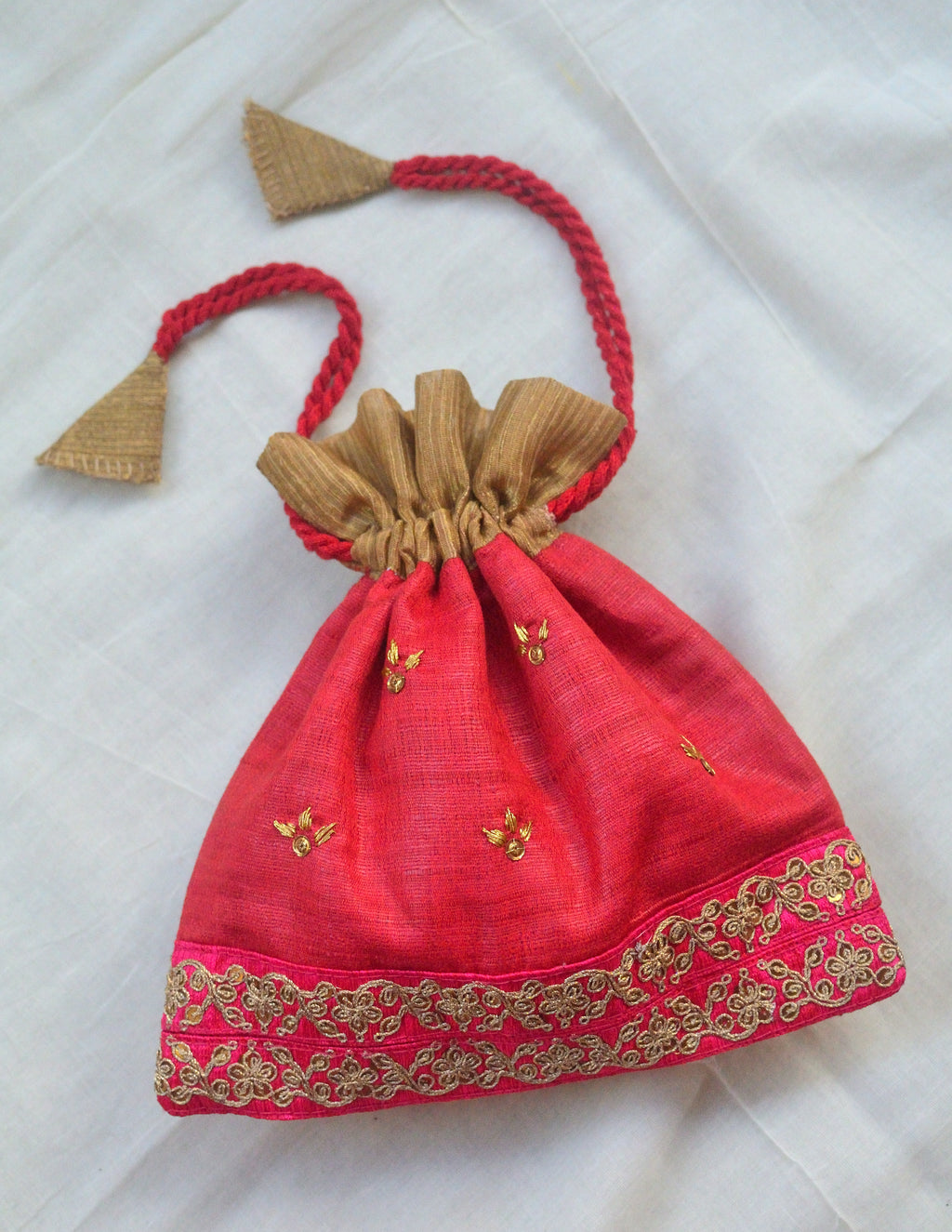 Scarlet sage - raw silk potli with hand embroidery and zari border image 1