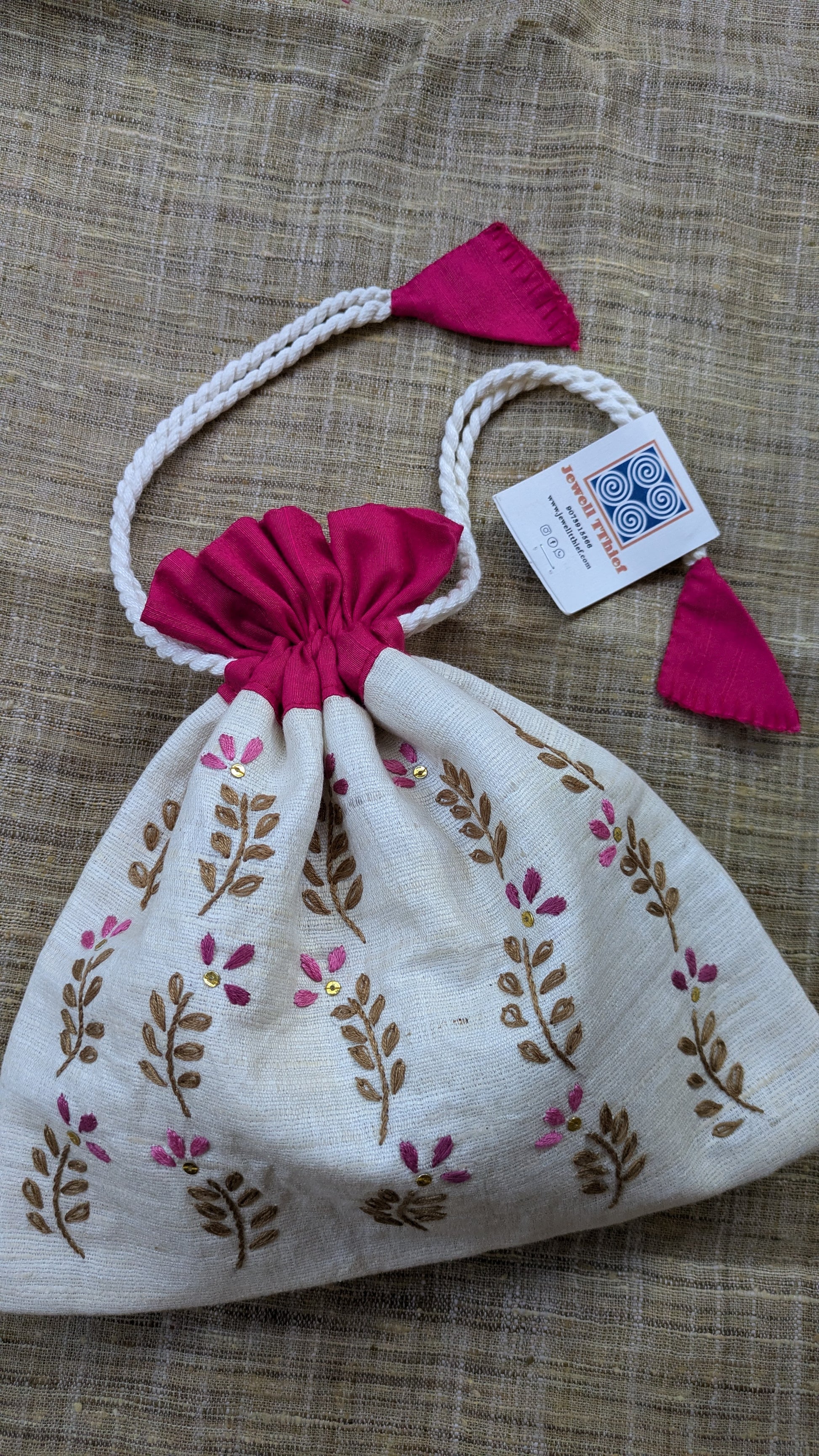 Fern fun (white) - raw silk potli image 1