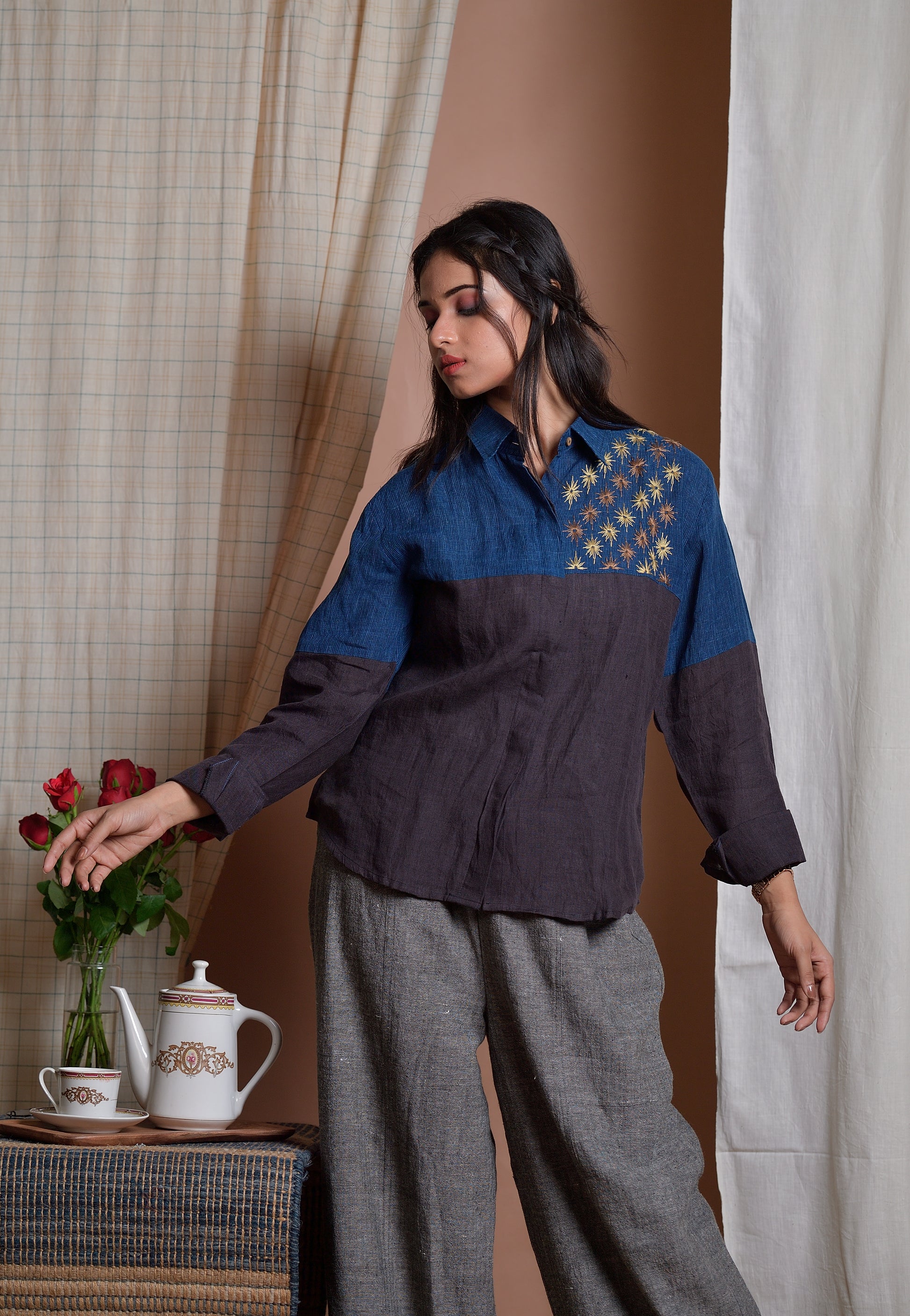 Royal indigo & charcoal - Hand embroidered linen shirt image 0
