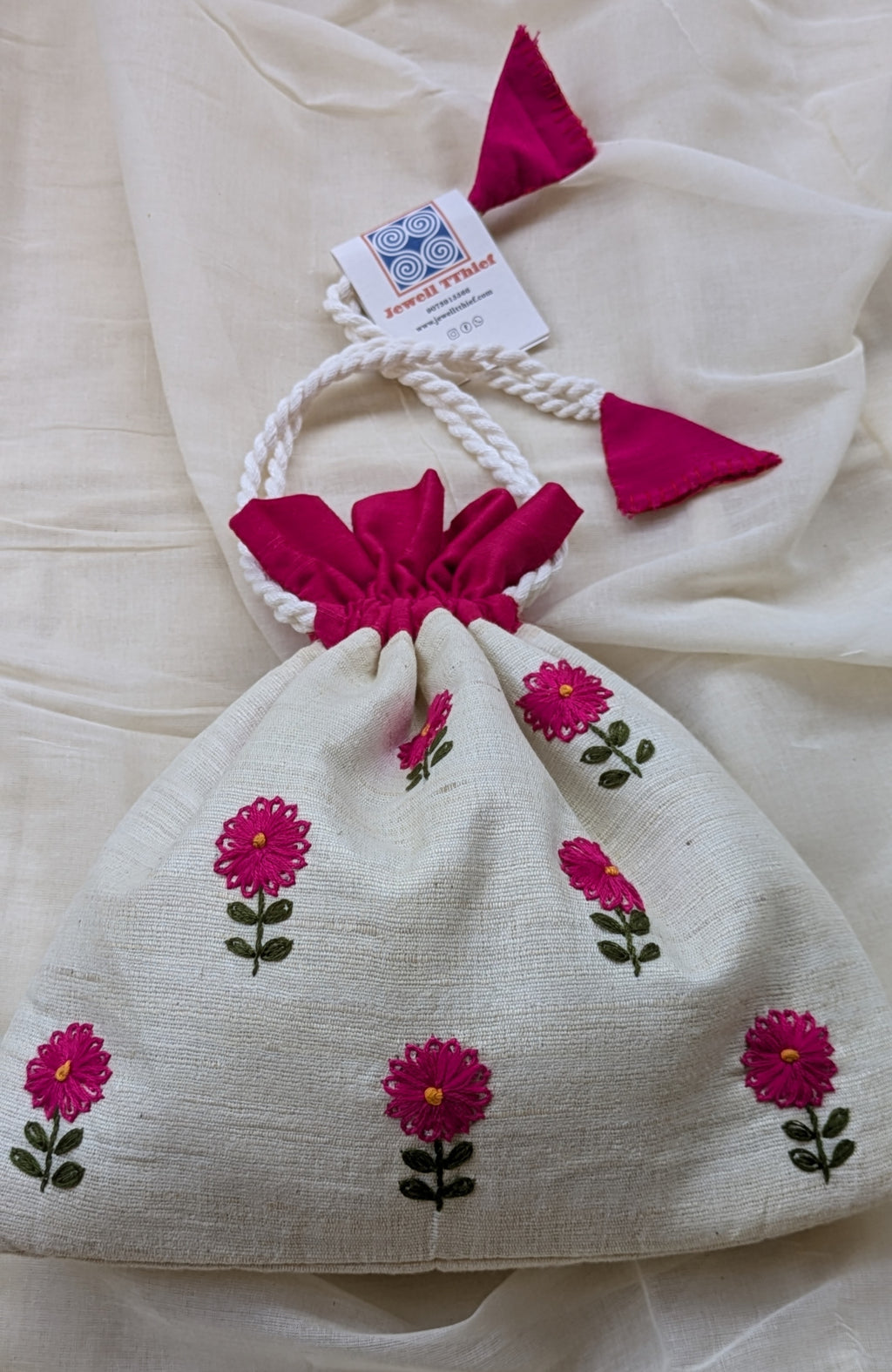 Zarbera - Magenta on white - raw silk potli image 2