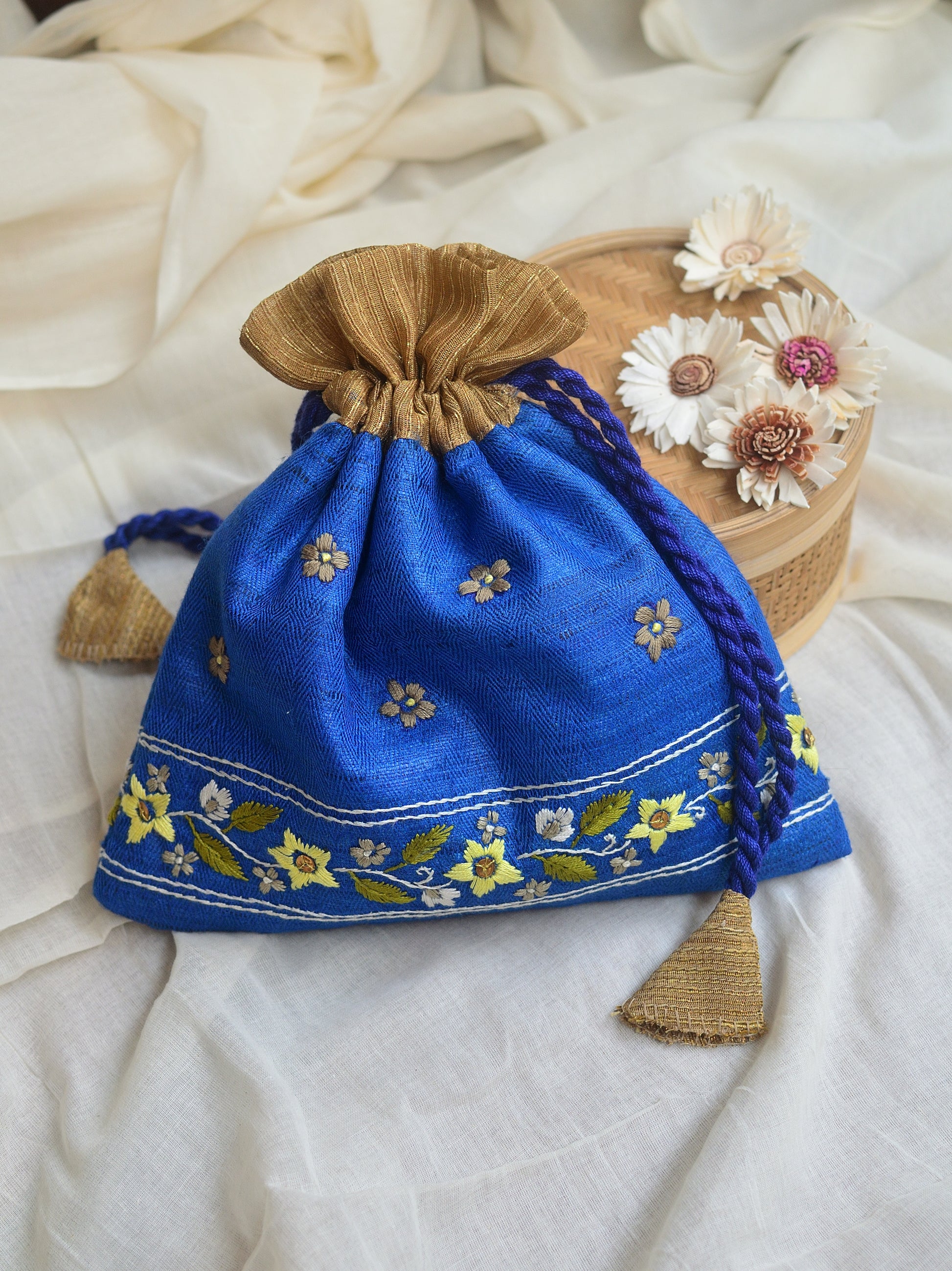 Snigdha - royal blue raw silk potli with hand embroidered border image 3