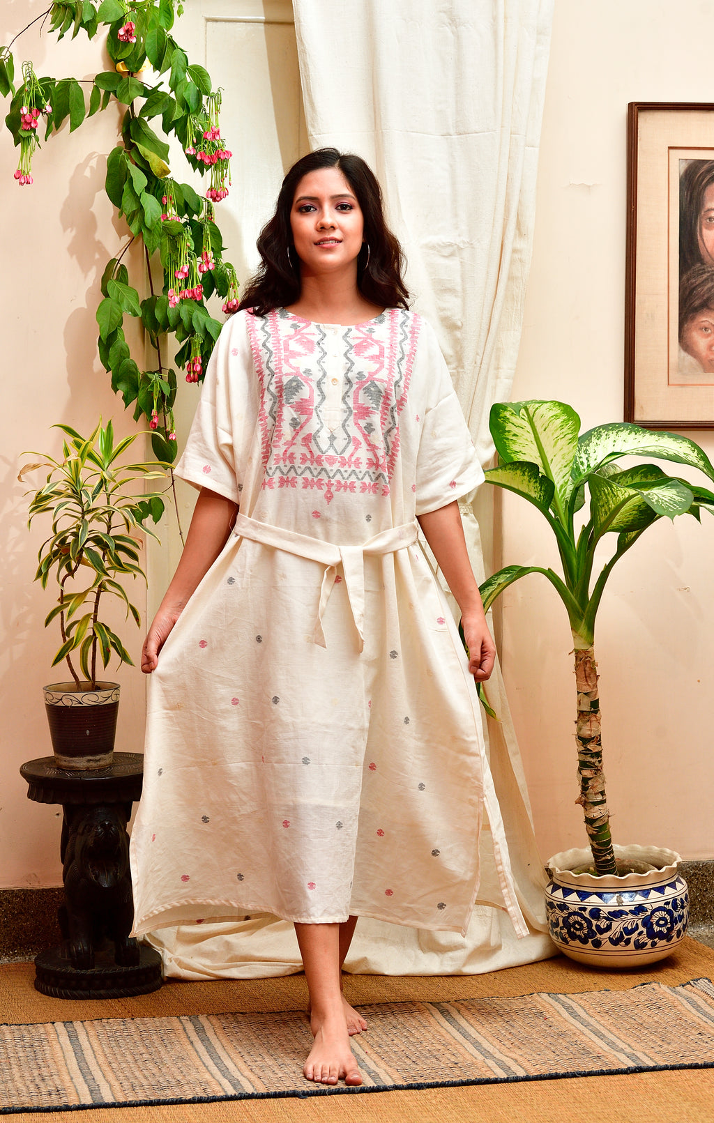 Jamdani Kimono dress - Ivory - Red and black weave image 3