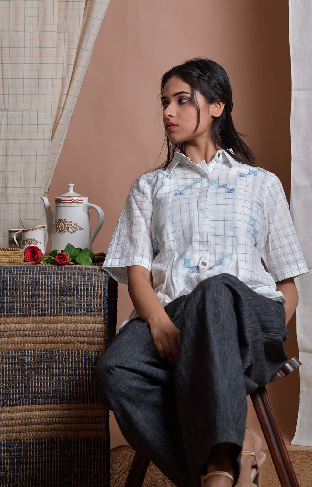 Checks of Time - Khadi shirt with Kantha embroidery image 0