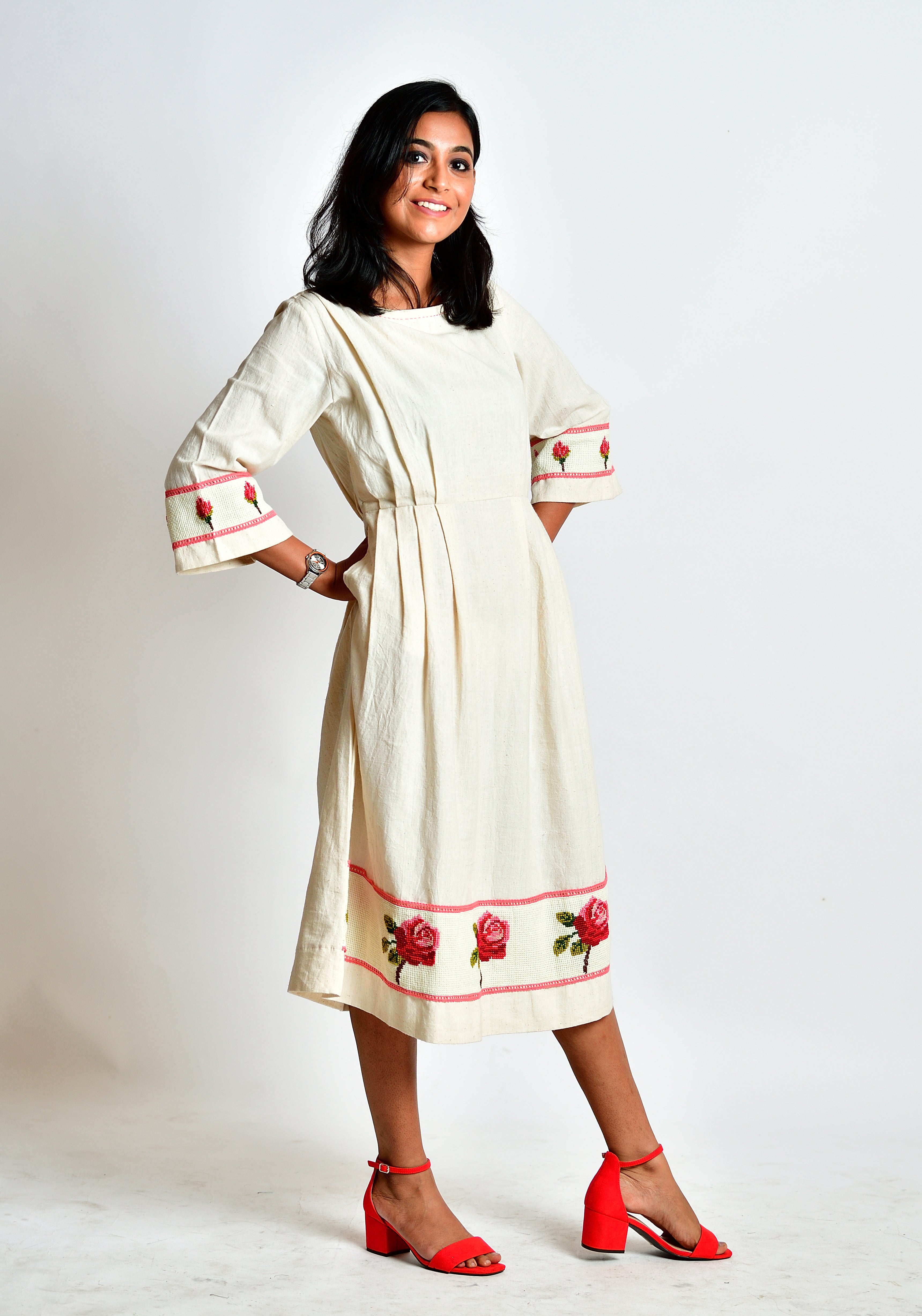 Aeindri - Handloom handspun dress with hand-embroidered cross stitch image 1