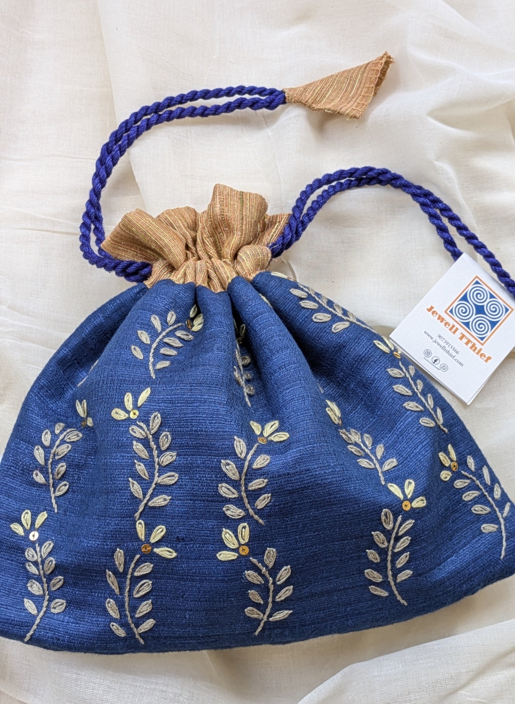 Fern fun (navy blue) - raw silk potli image 1