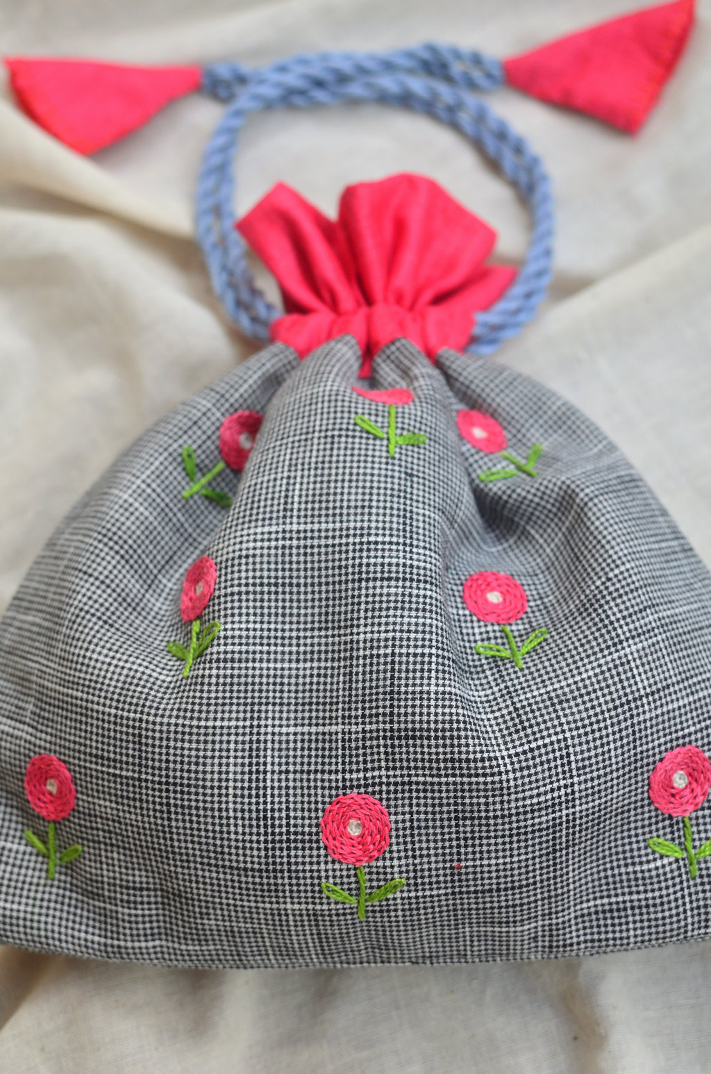 Pink button flowers - cotton potli image 1