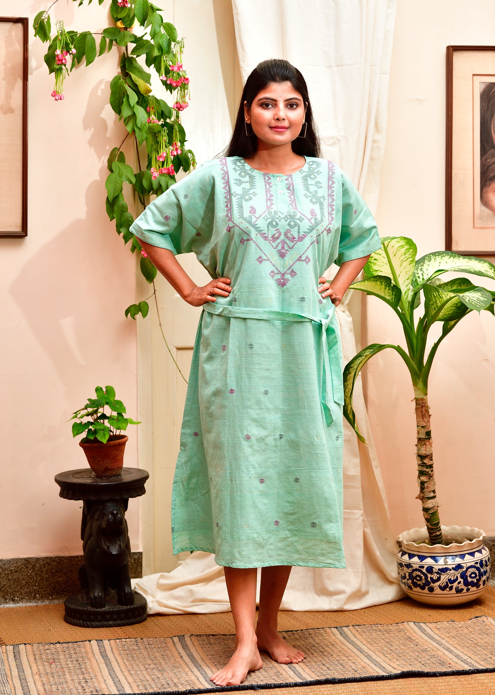 Khadi Jamdani - Kimono dress - Sea green image 0