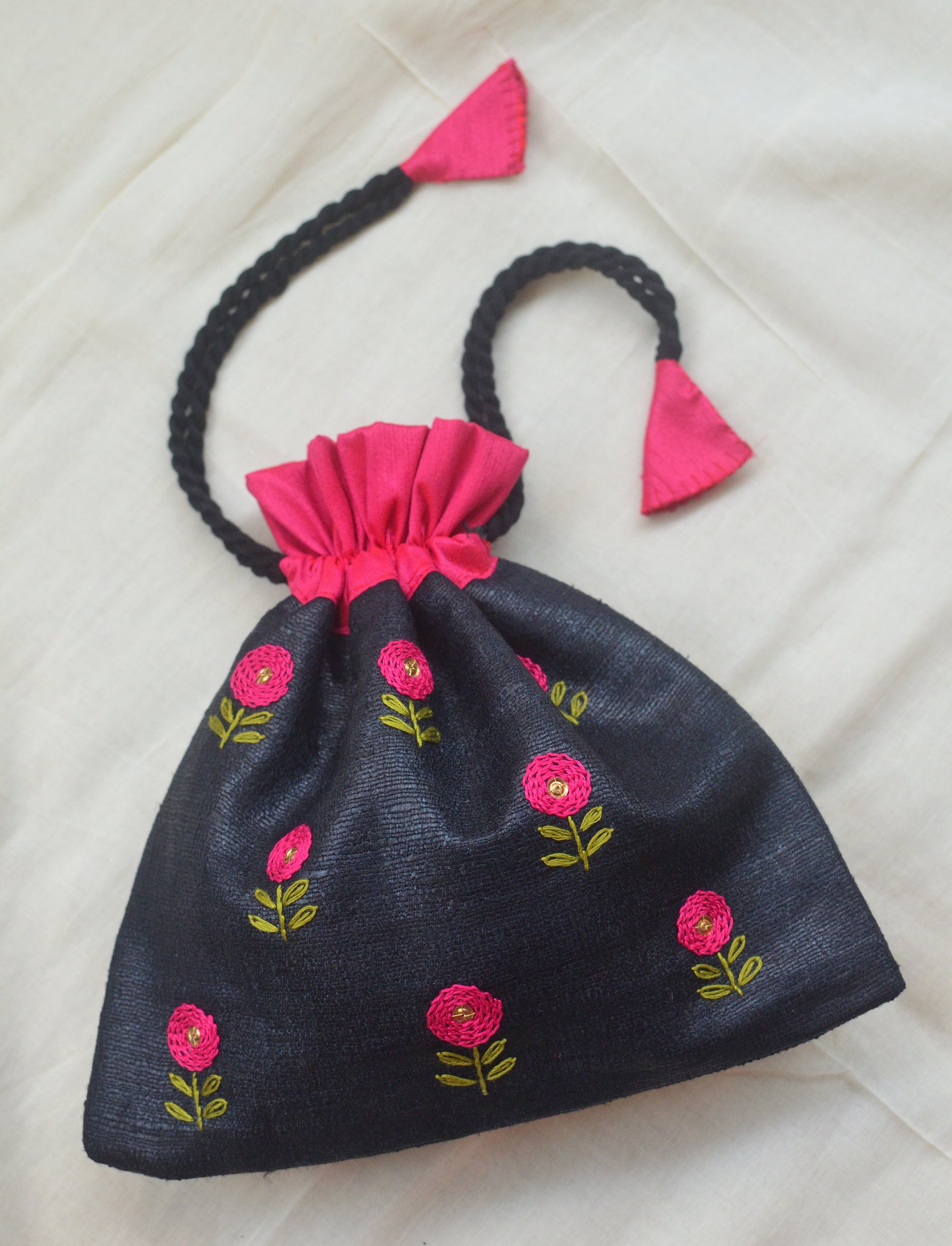 Button flowers - magenta on black - raw silk potli image 2