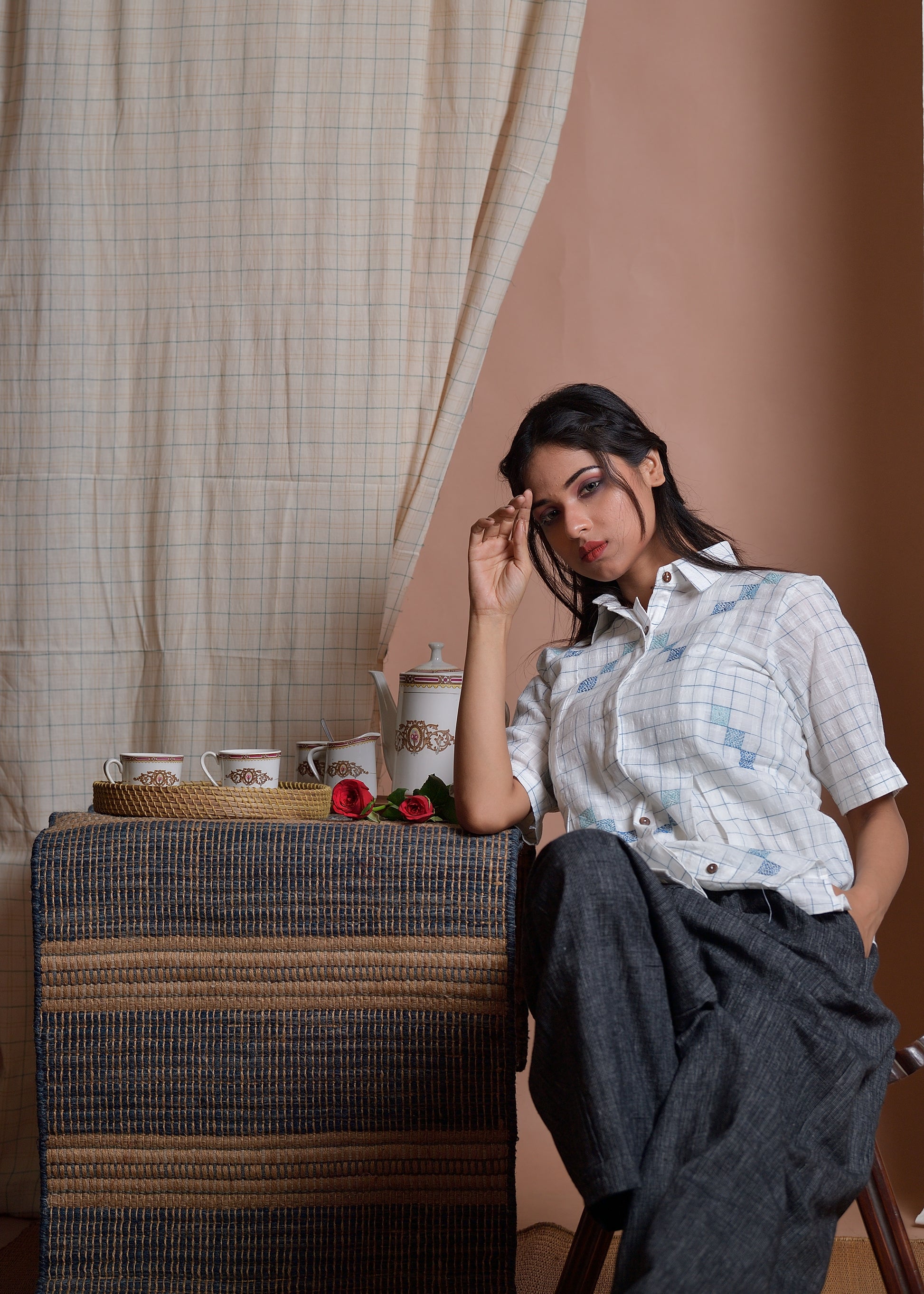 Checks of Time - Khadi shirt with Kantha embroidery image 4
