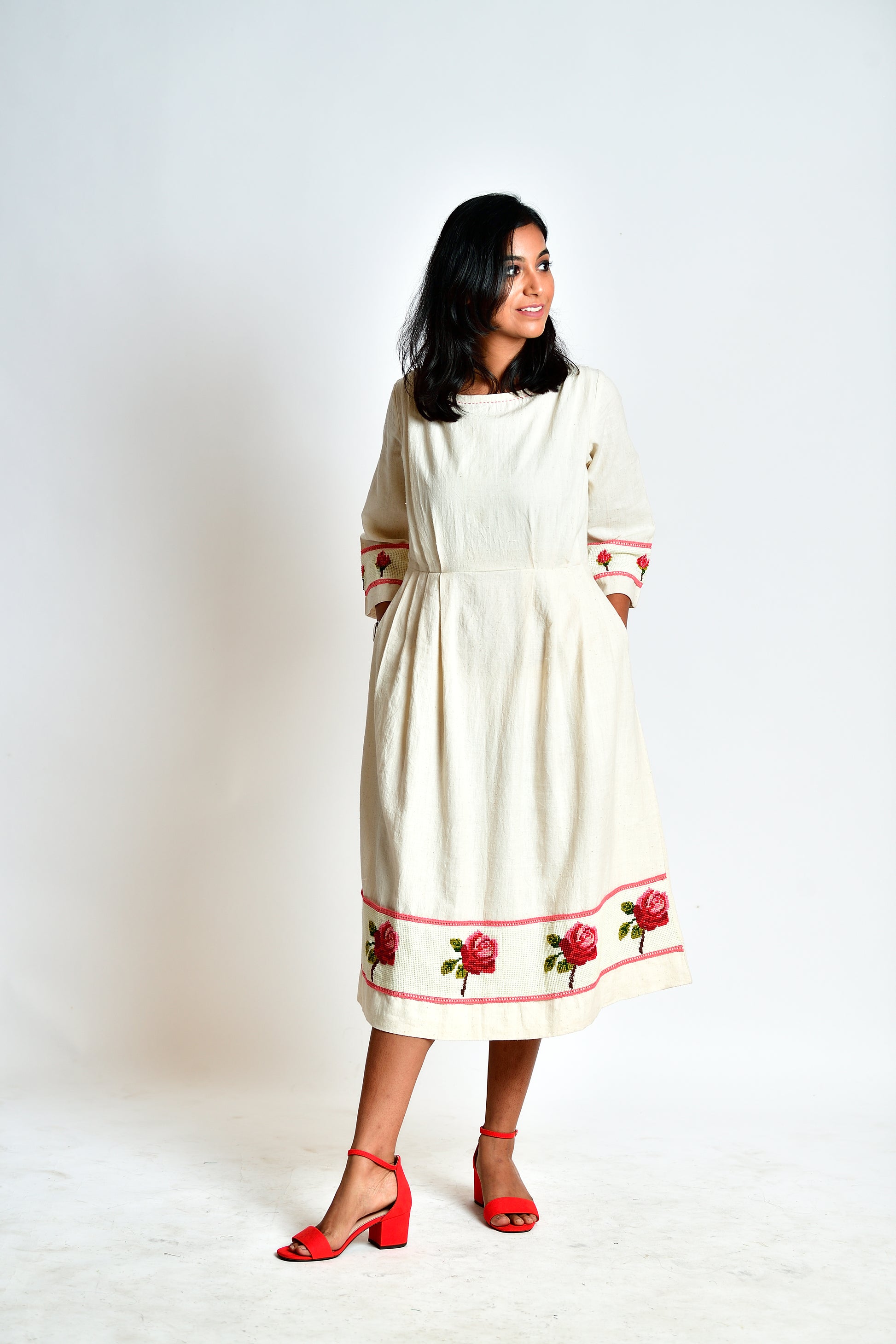 Aeindri - Handloom handspun dress with hand-embroidered cross stitch image 3