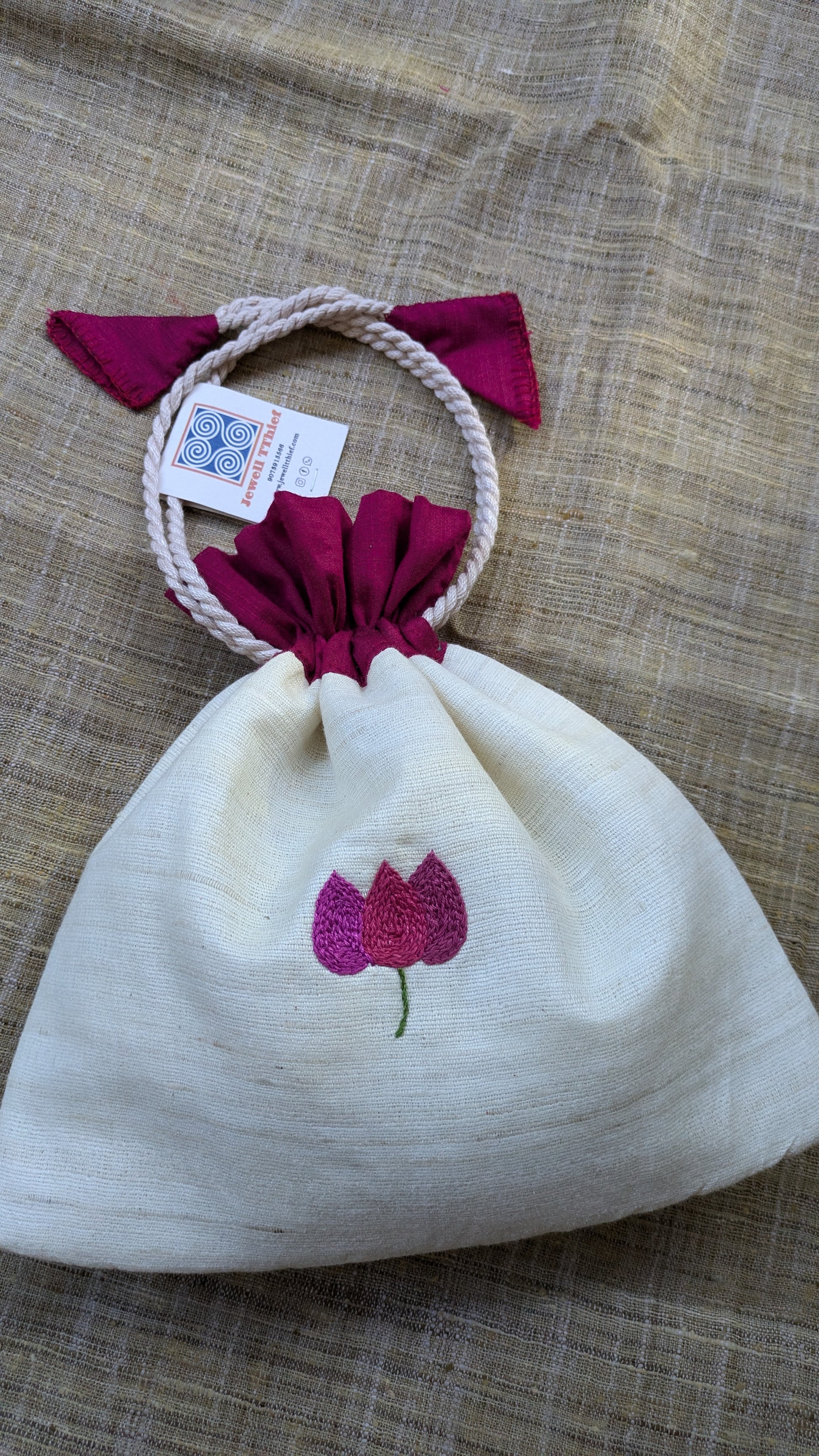 Bougainvillea on white - raw silk potli image 2