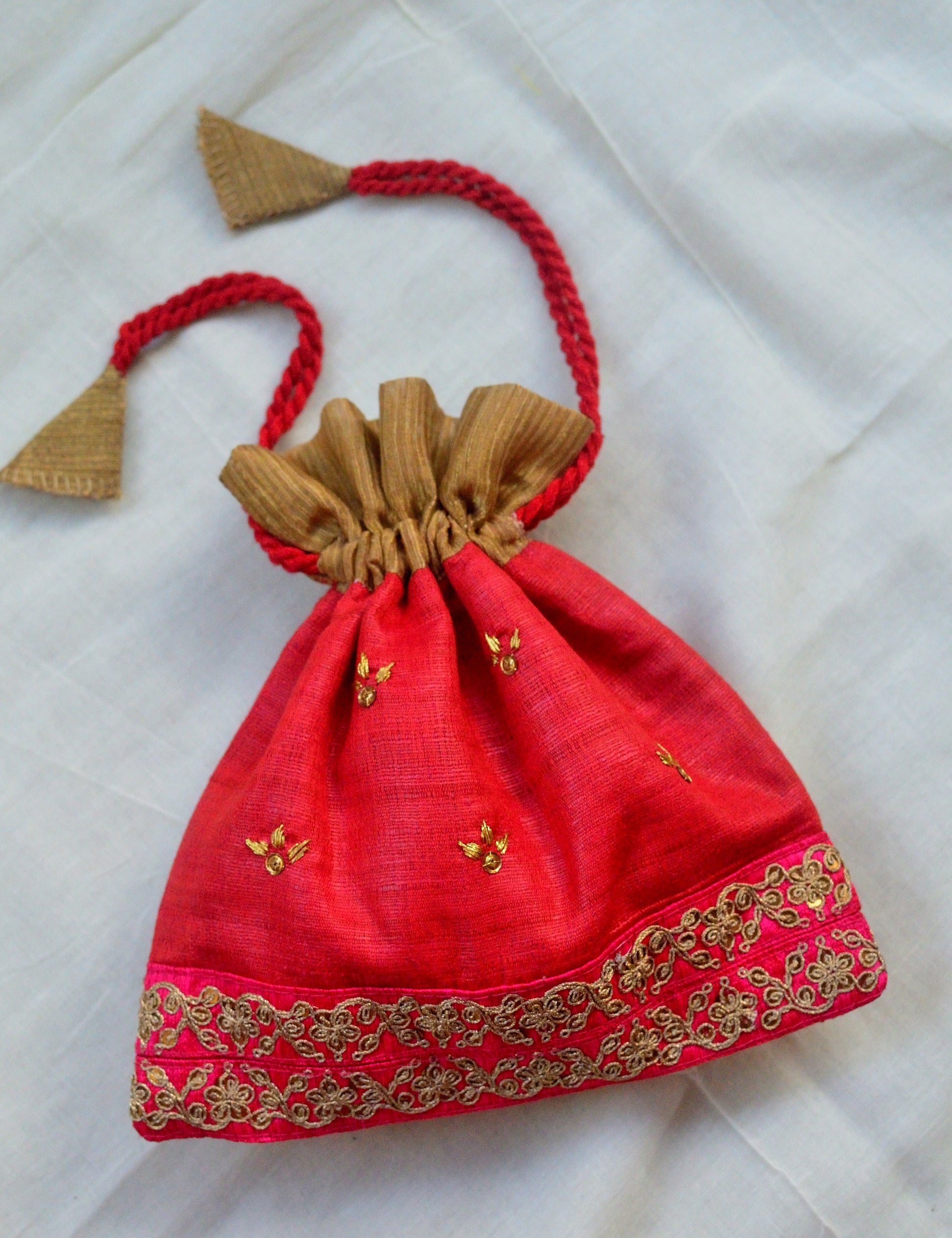 Scarlet sage - raw silk potli with hand embroidery and zari border image 2