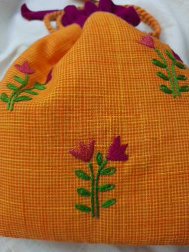 Hand embroidered cotton potli - Yellow image 3