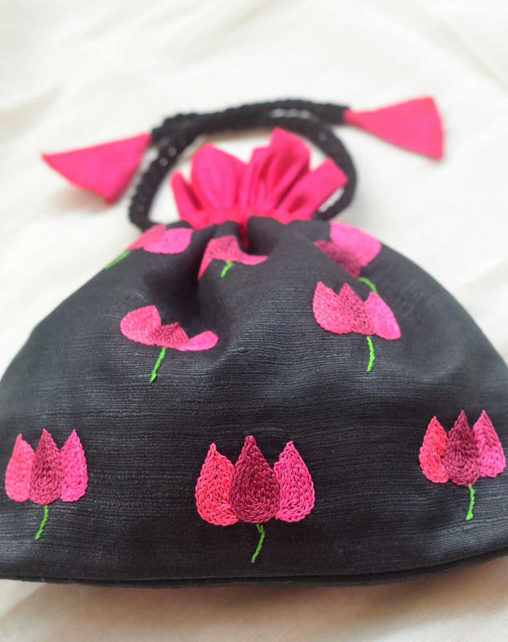Bougainvillea on black - raw silk potli image 2