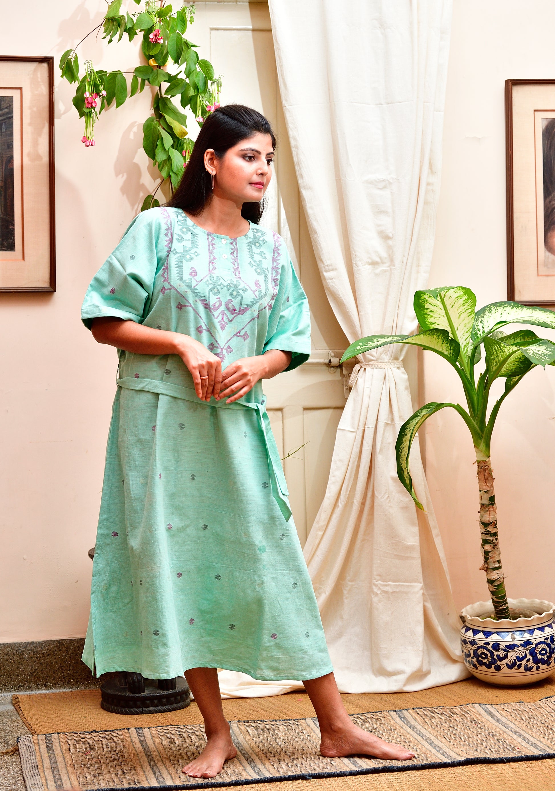 Khadi Jamdani - Kimono dress - Sea green image 1