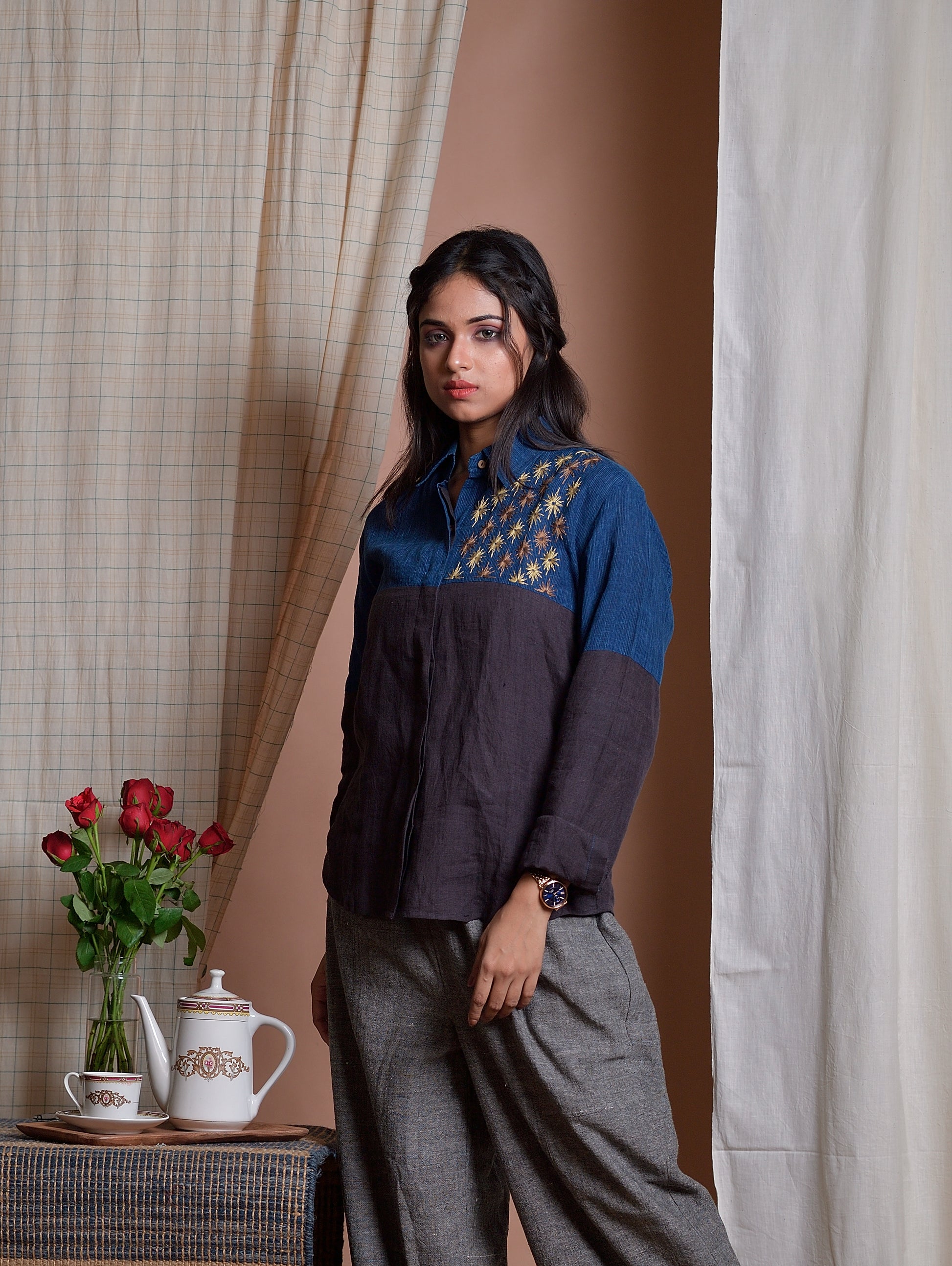 Royal indigo & charcoal - Hand embroidered linen shirt image 1