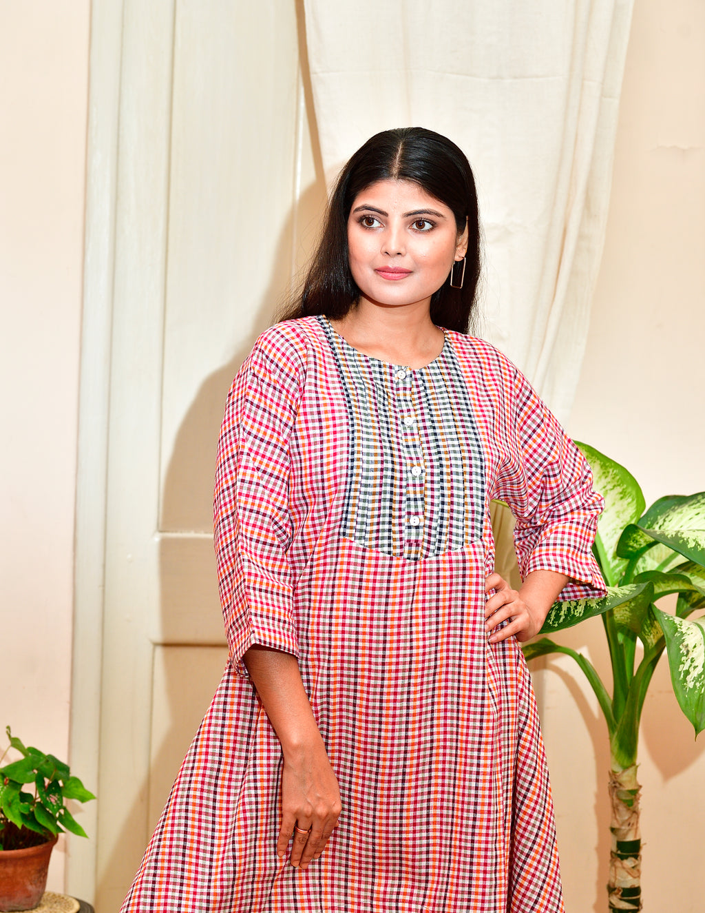 Chhuti - Handloom cotton asymmetrical dress - Red checks image 7