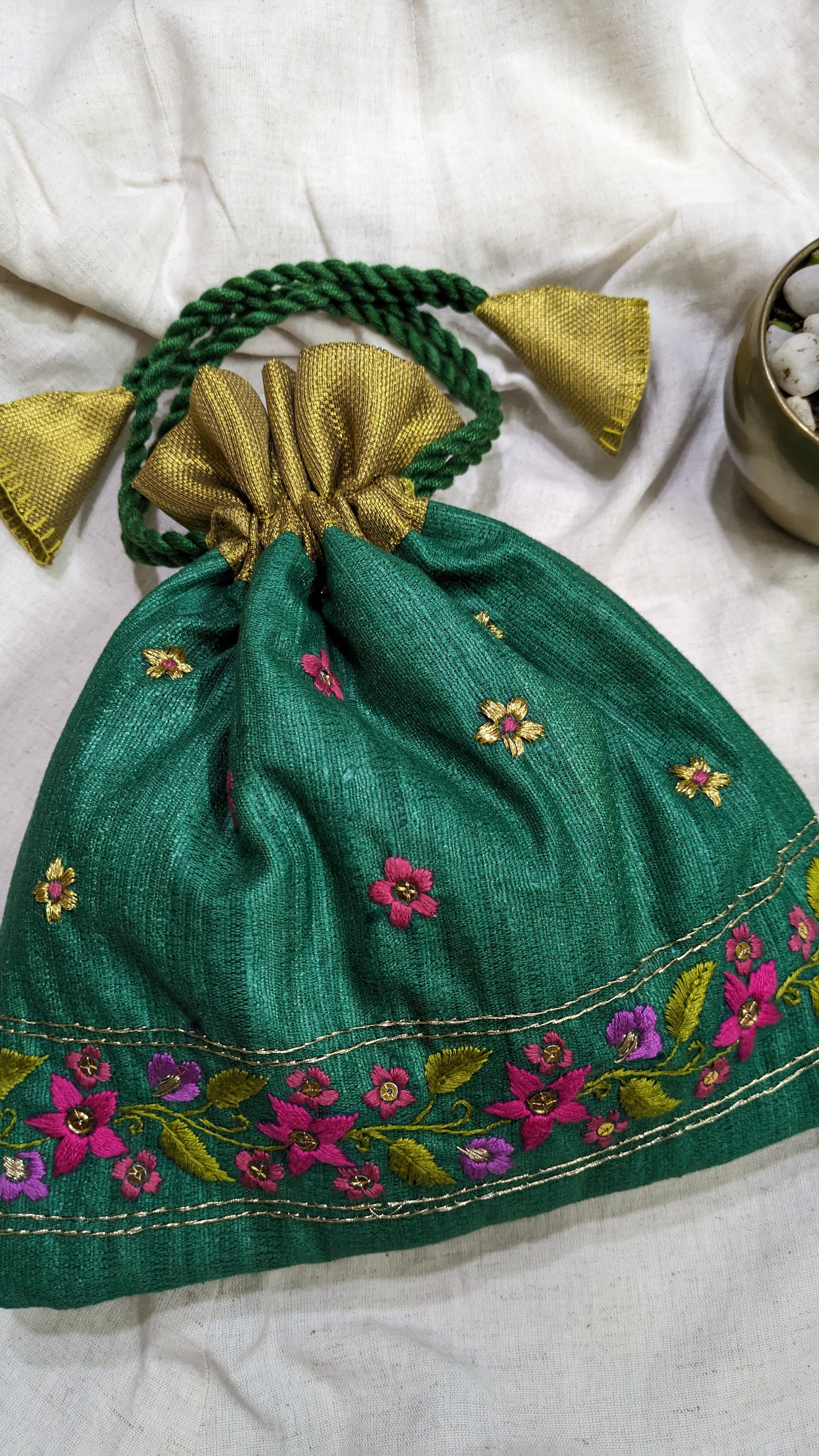 Snigdha - bottle green raw silk potli with hand embroidered border (Zari) image 2