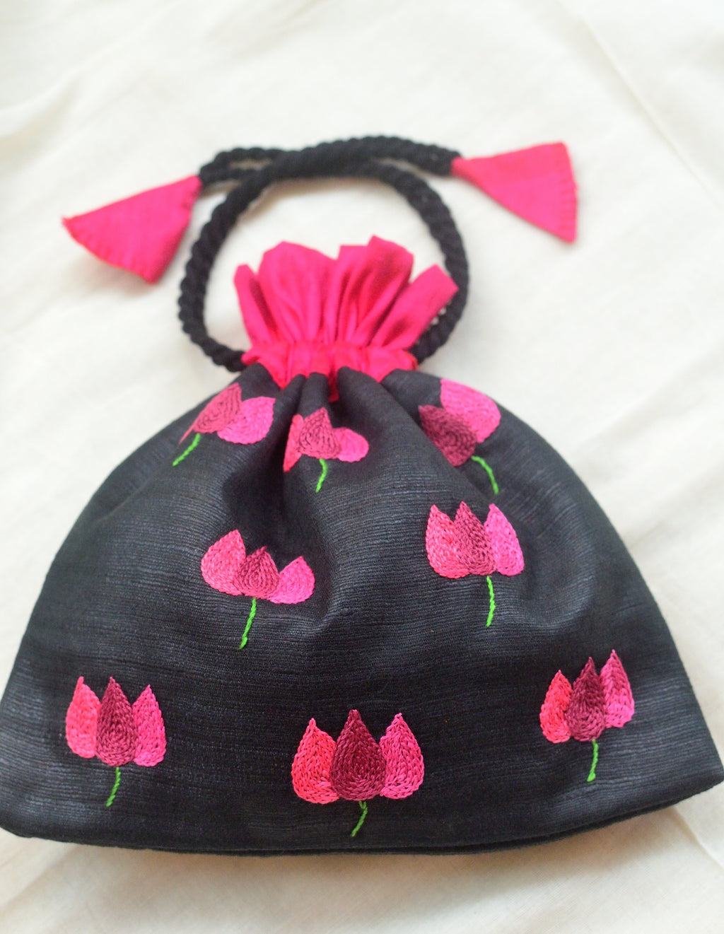 Bougainvillea on black - raw silk potli image 1