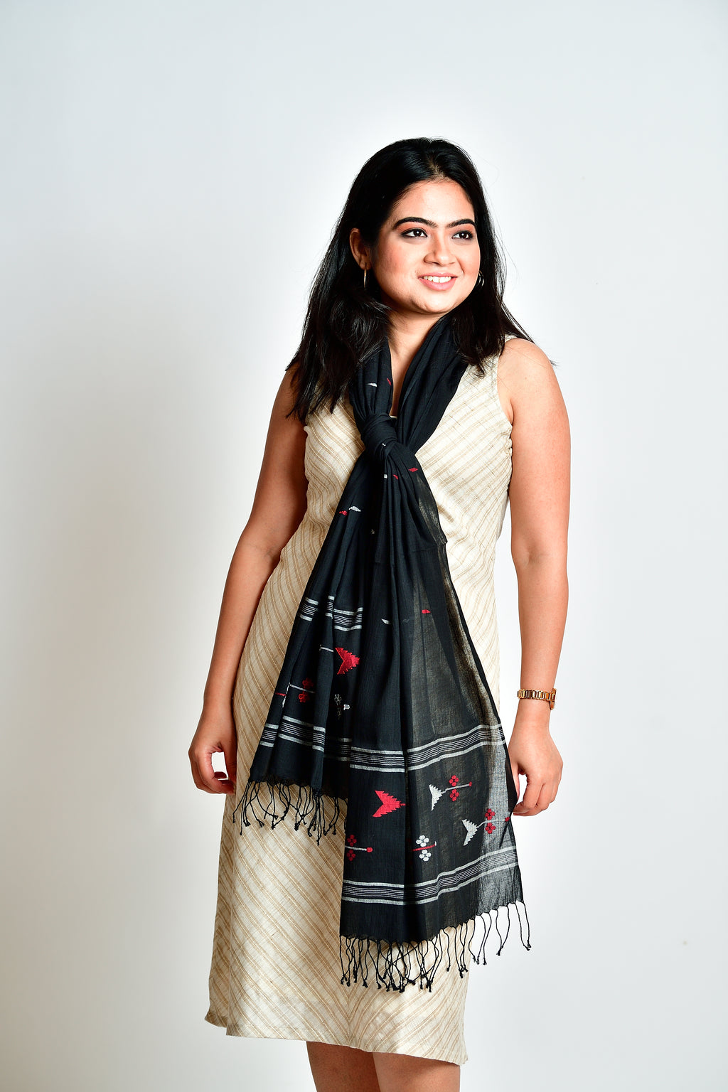 Jamdani stole - black image 0