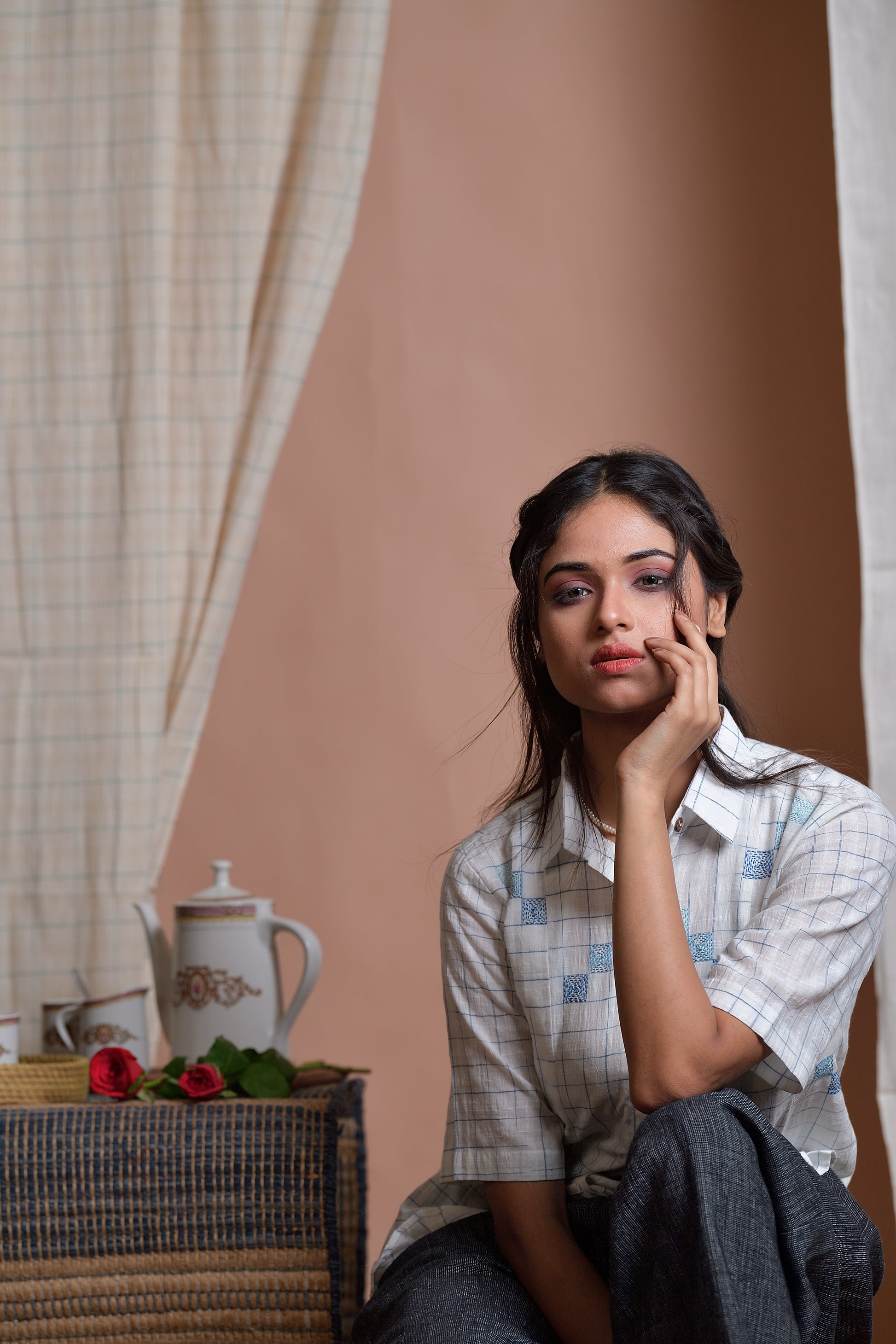 Checks of Time - Khadi shirt with Kantha embroidery image 7