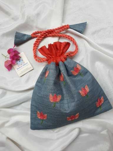 Hand embroidered silk potli - Steel grey image 0