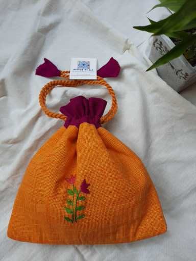 Hand embroidered cotton potli - Yellow image 2