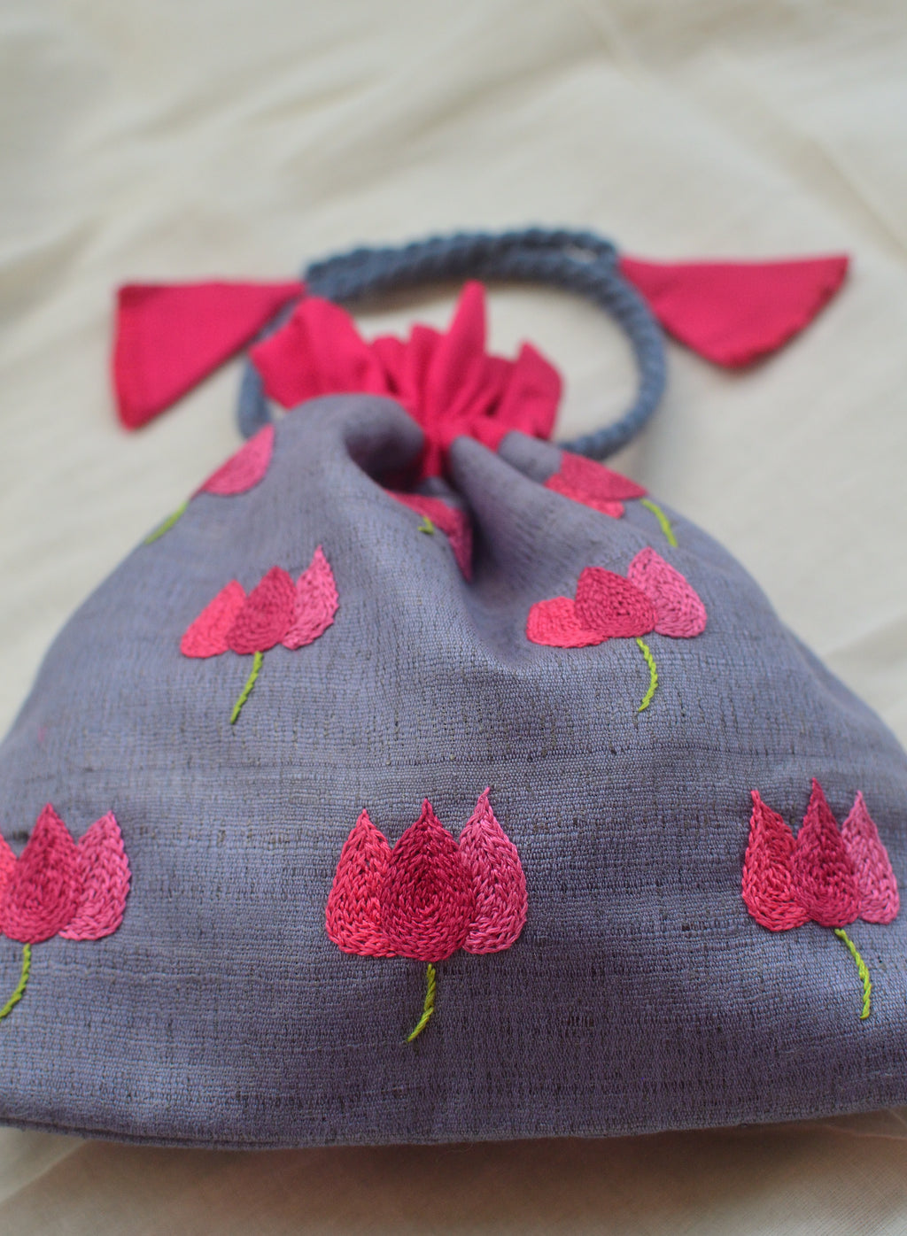 Bougainvillea on grey - raw silk potli image 2