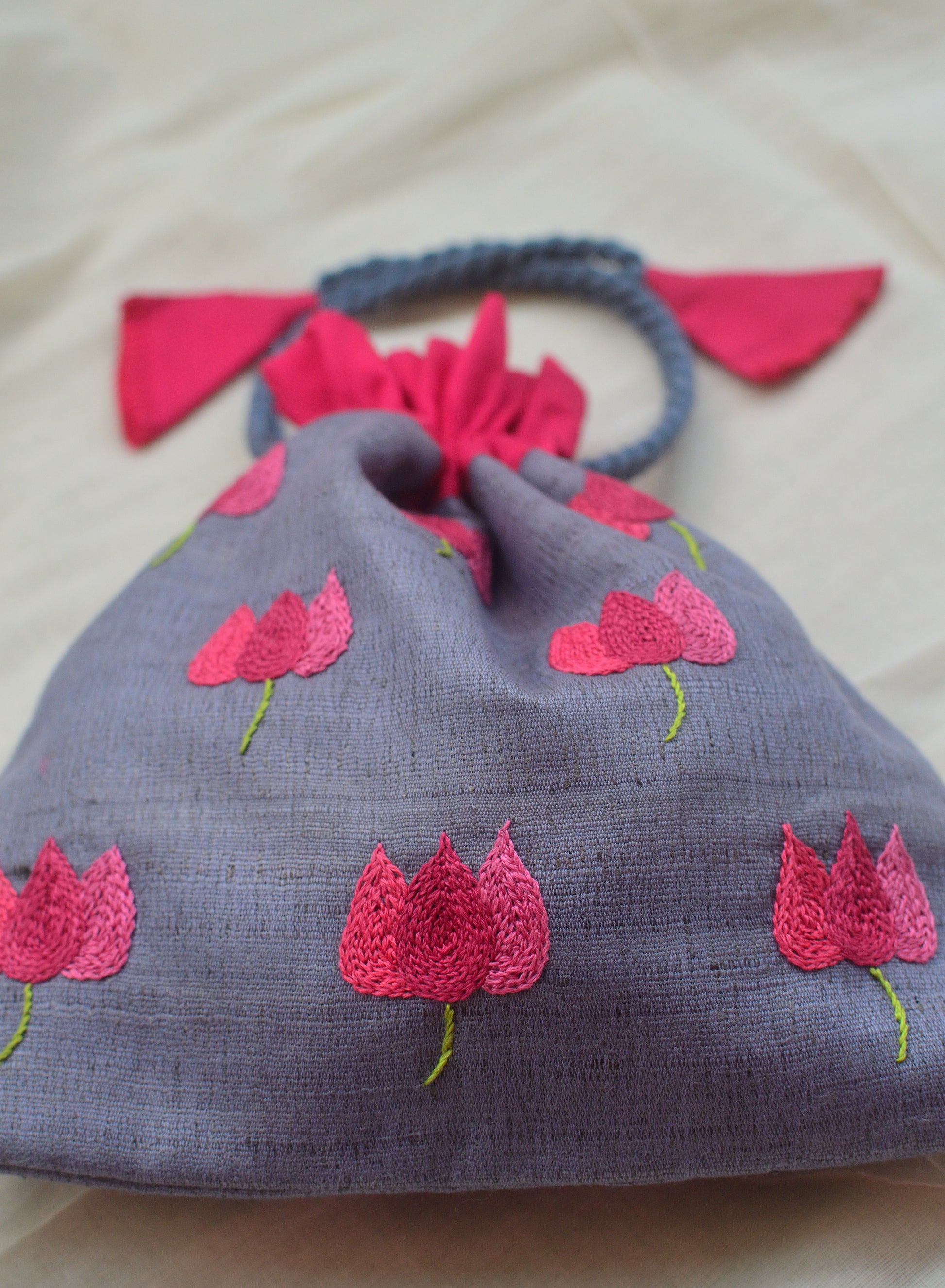 Bougainvillea on grey - raw silk potli image 2