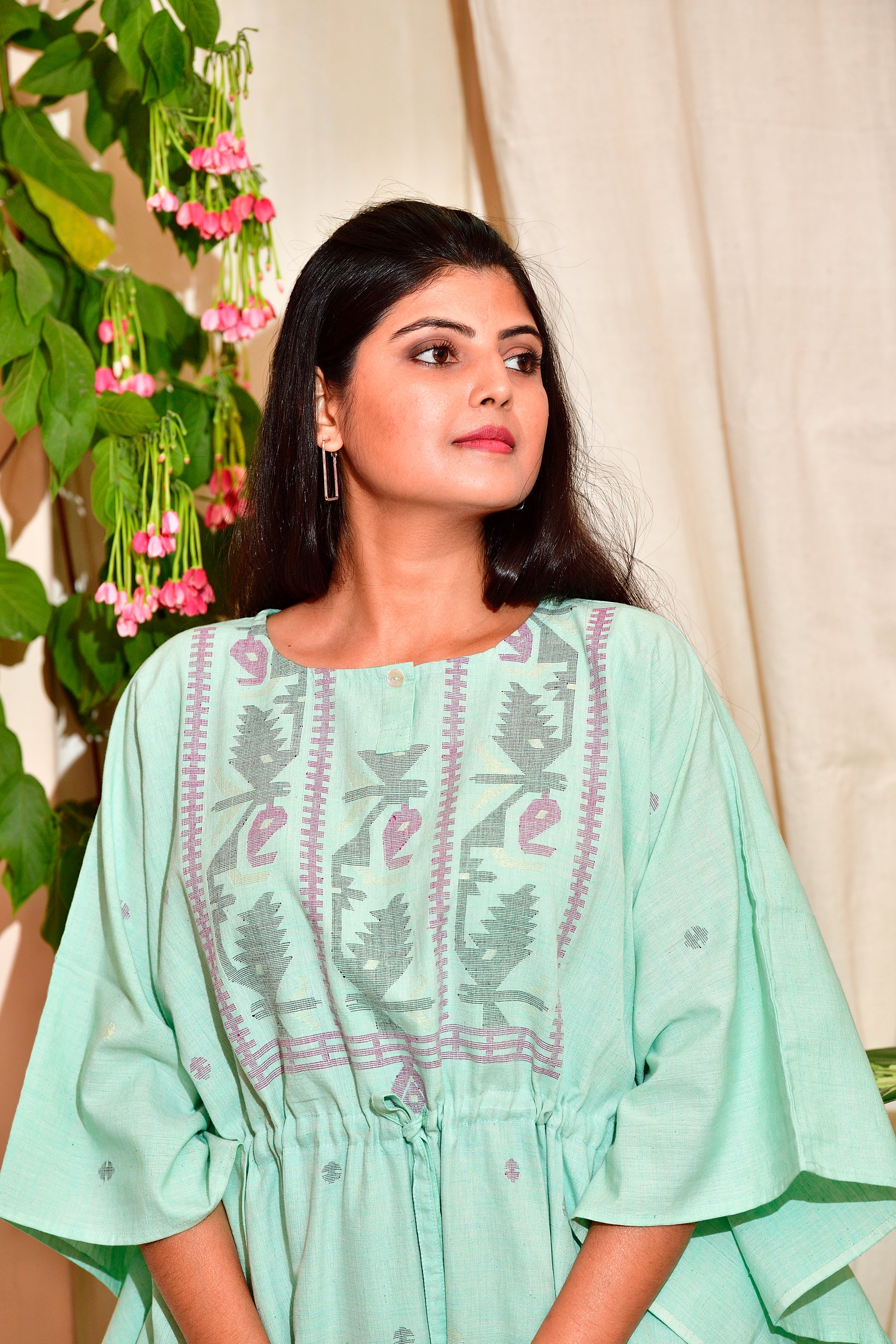 Khadi jamdani kaftan - Aqua green image 4