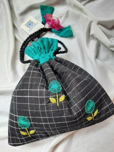 Hand embroidered cotton potli - Black and green image 2