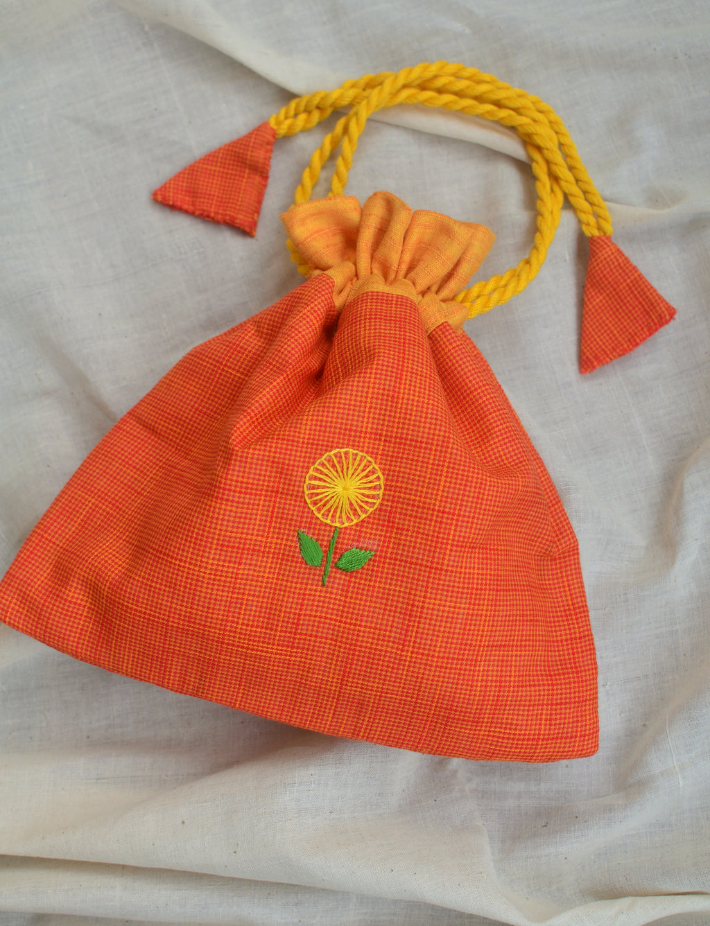 Hand embroidered cotton potli - Yellow flowers on orange base image 2