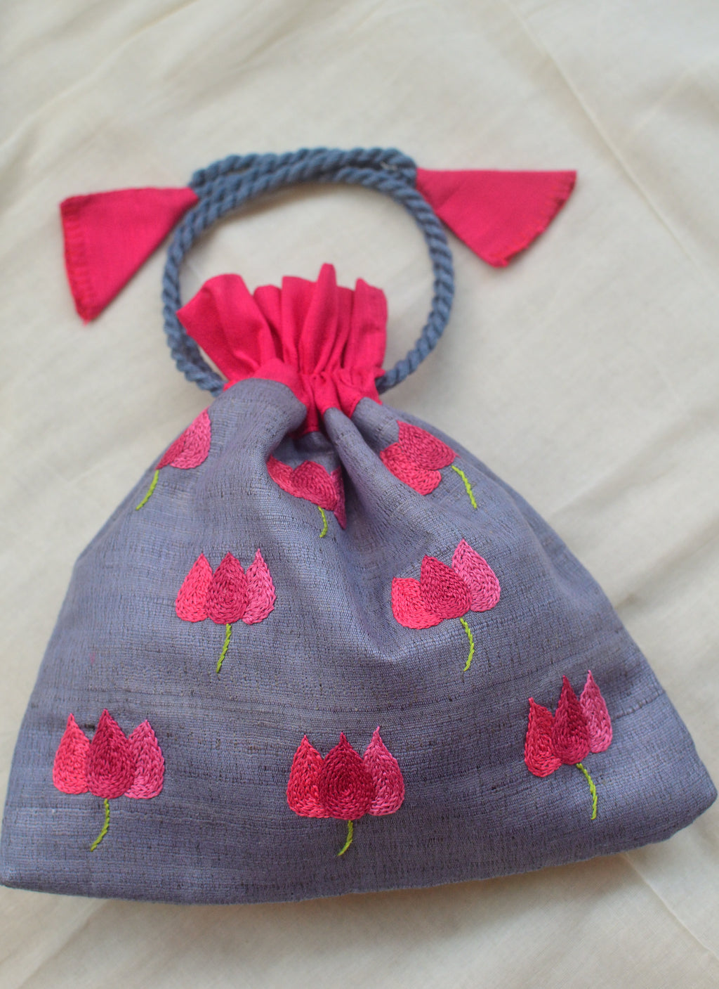 Bougainvillea on grey - raw silk potli image 1