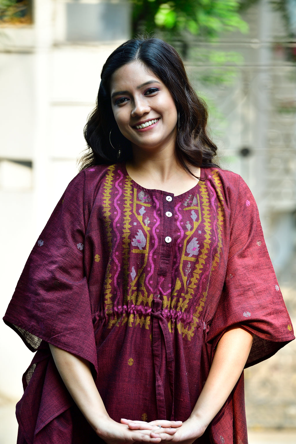 Khadi jamdani kaftan - Maroon image 1