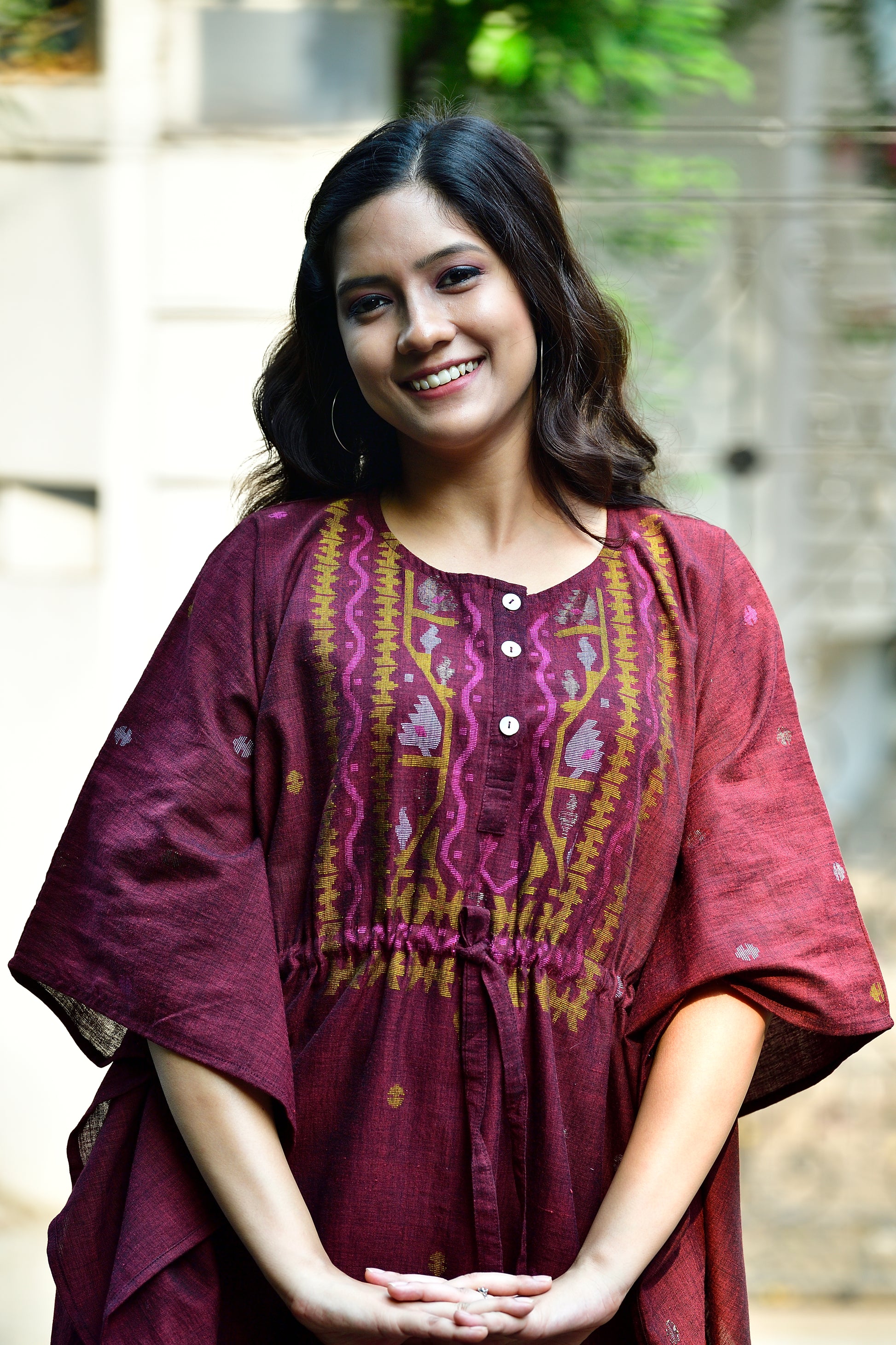 Khadi jamdani kaftan - Maroon image 1
