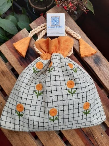 Hand embroidered cotton potli - White checks and yellow flowers image 0
