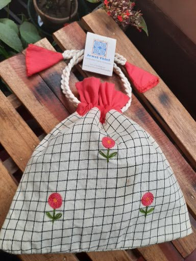 Hand embroidered cotton potli - White checks & pink flowers image 1