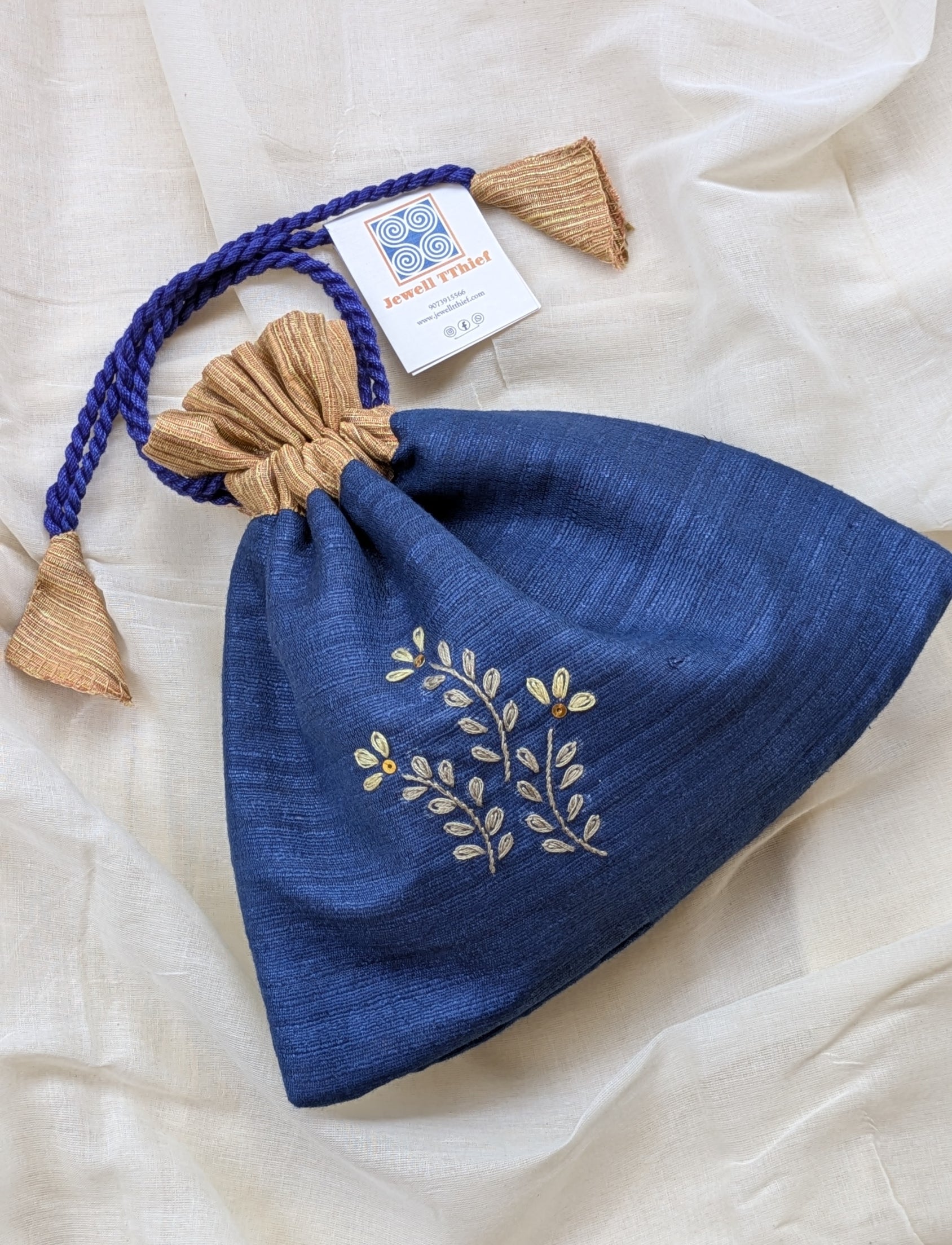 Fern fun (navy blue) - raw silk potli image 4