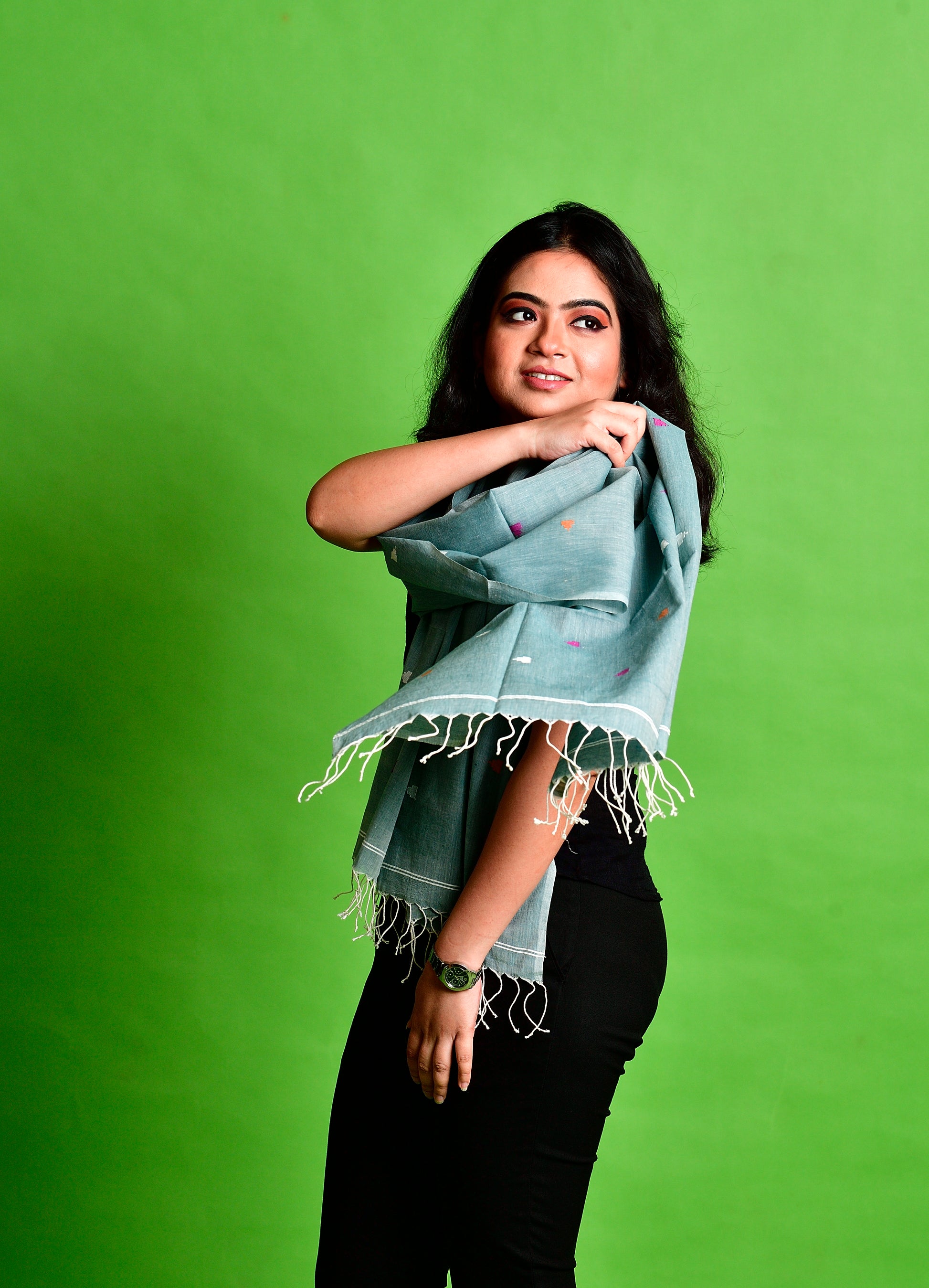 Grey jamdani stole with multicoloured buta image 1