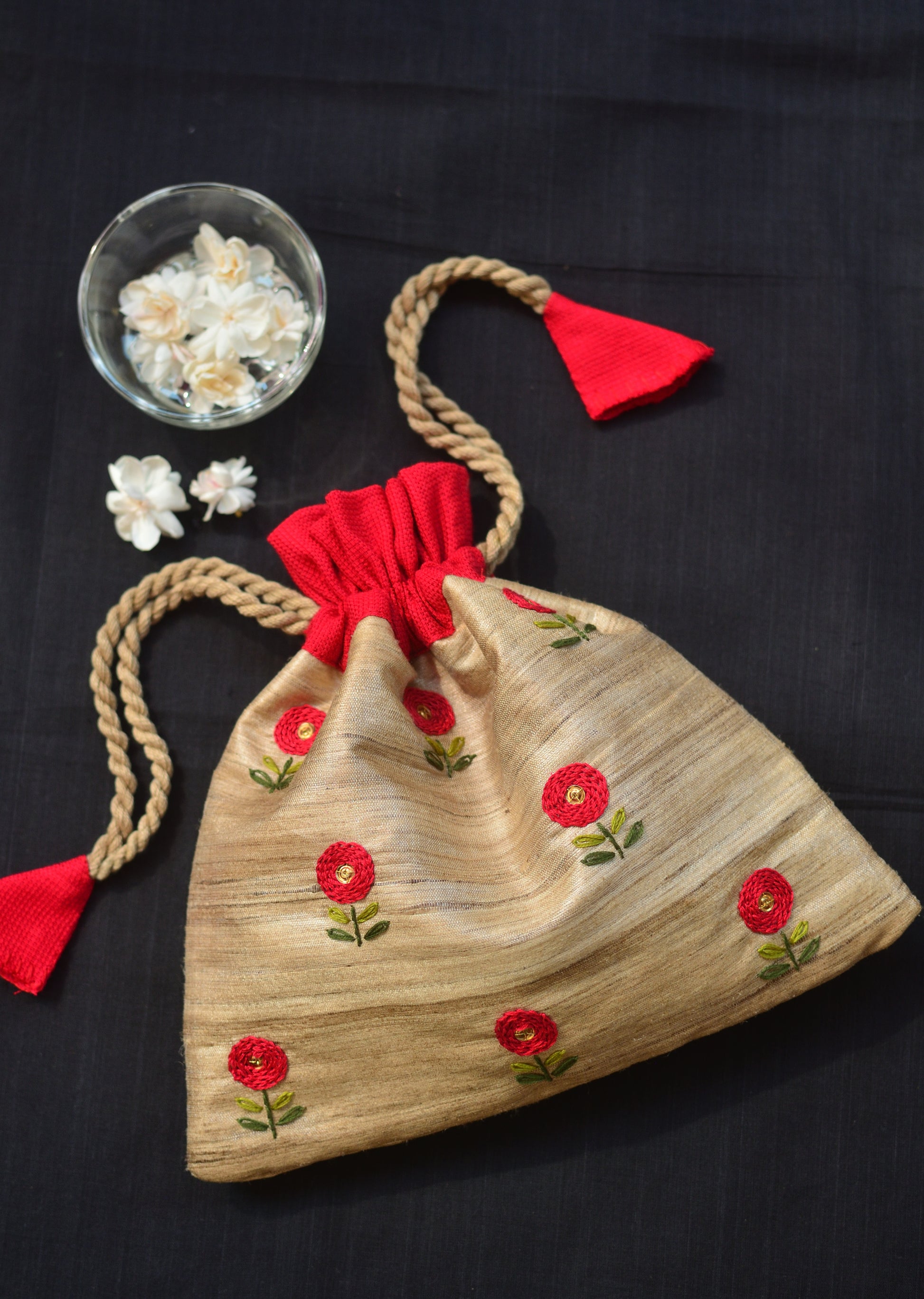 Red button flower on tussar silk image 0