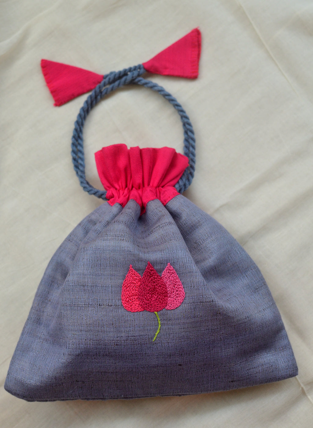Bougainvillea on grey - raw silk potli image 3